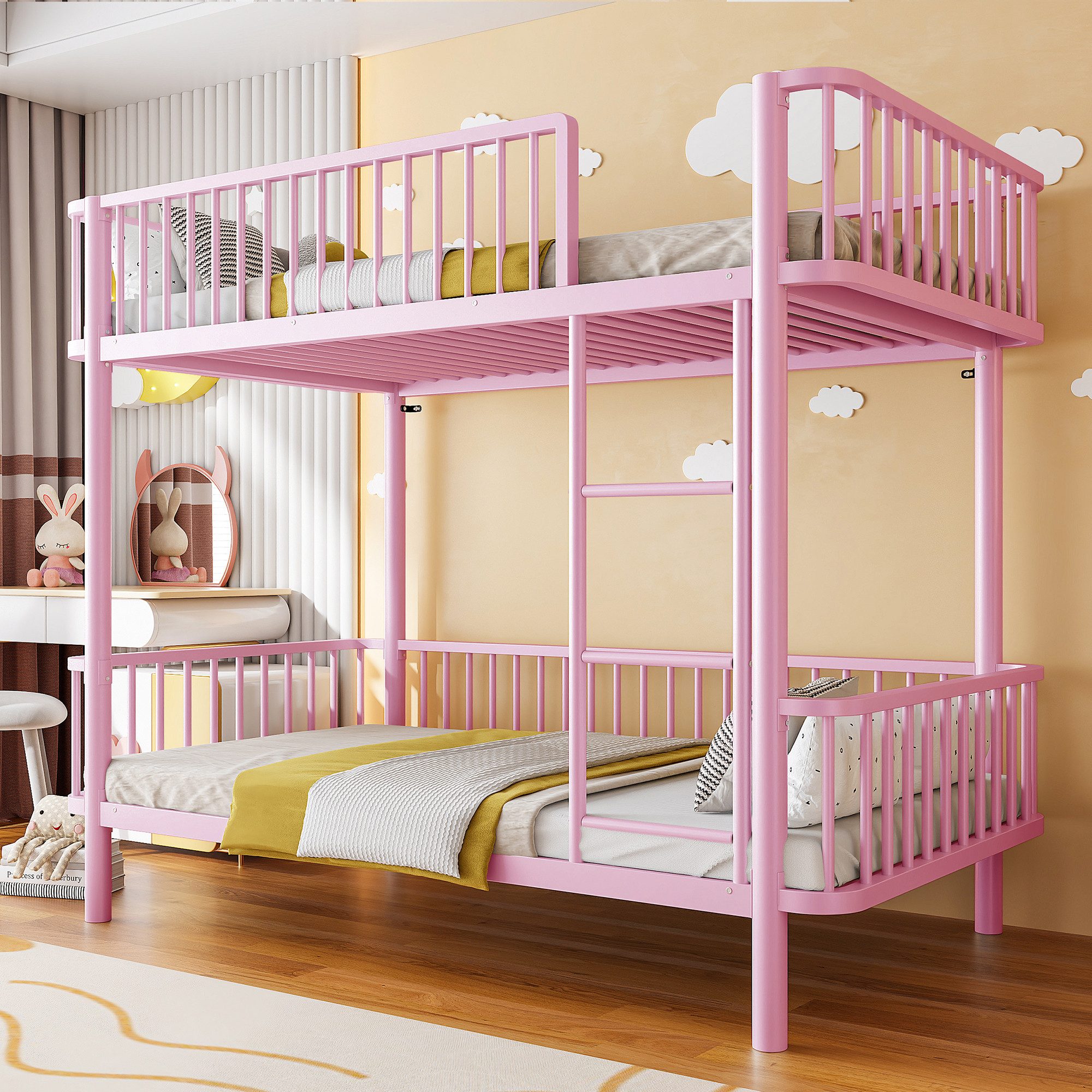 Flieks Etagenbett, Metall Kinderbett 90x200cm mit abgerundeten Ecken, Sicherheitsgeländer