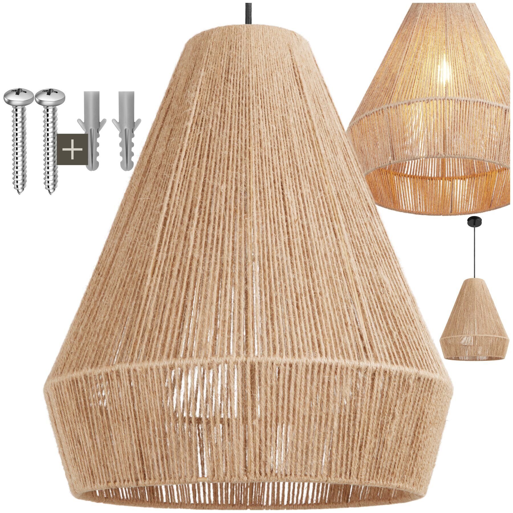 tectake Deckenleuchten Pendelleuchte im Boho-Stil aus natürlicher Jutefaser, 40,5 x 47 cm, Wickeltechnik, 40 W, Stahlgestell, inkl. Montagematerial