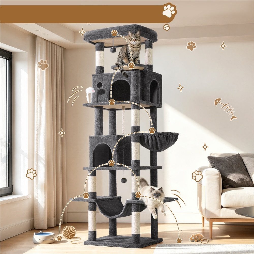 Yaheetech Kratzbaum XXL Kletterbaum 210 cm H, mit 9 Sisalstämmen & 2 Höhlen & Hängematte & Liegemulde