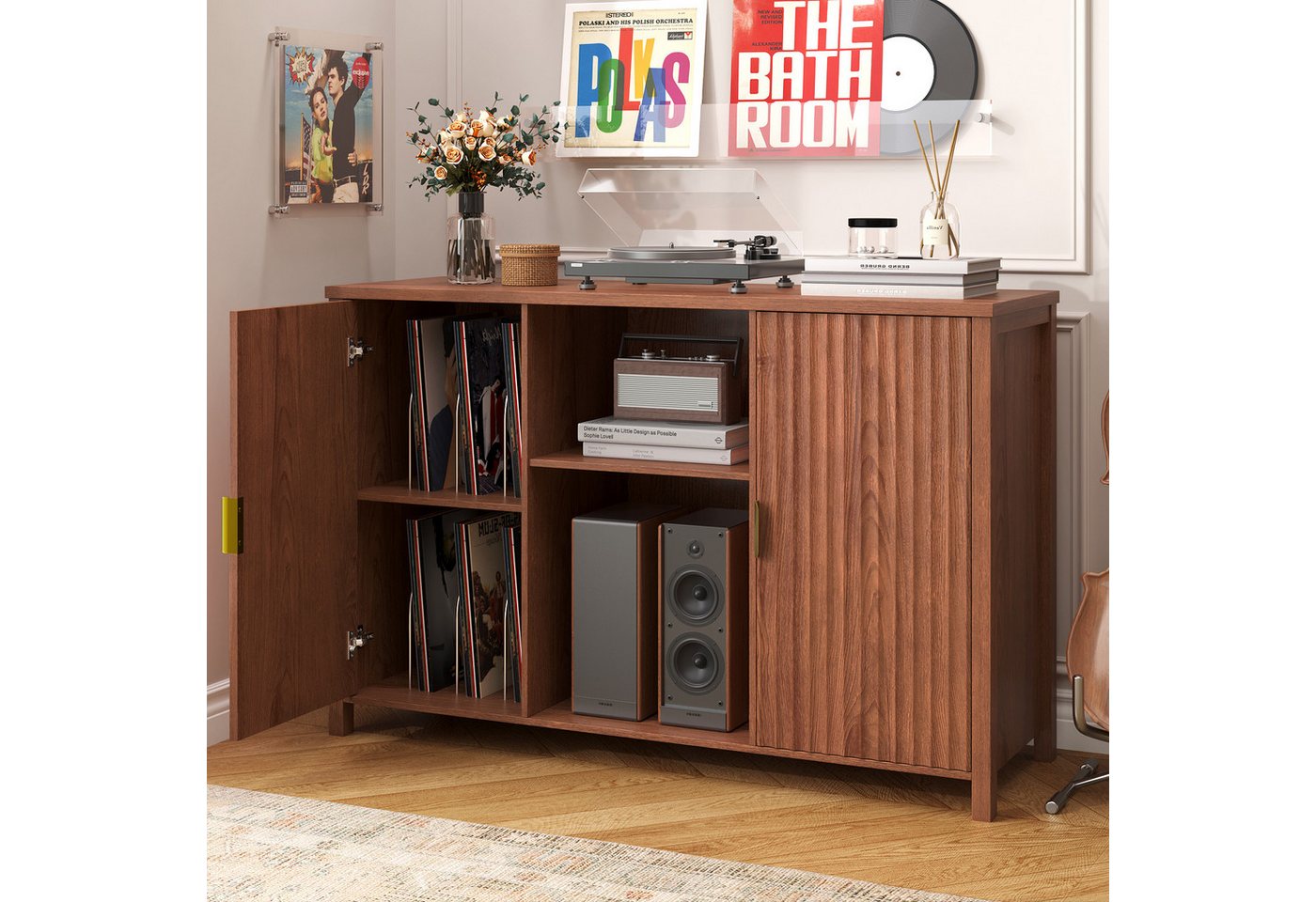 BROTTAR Sideboard Plattenspieler-Schrank, Vinylregal mit offenen Fächern, Rillentüren (1 St), mit Schallplattenaufbewahrung, Braun