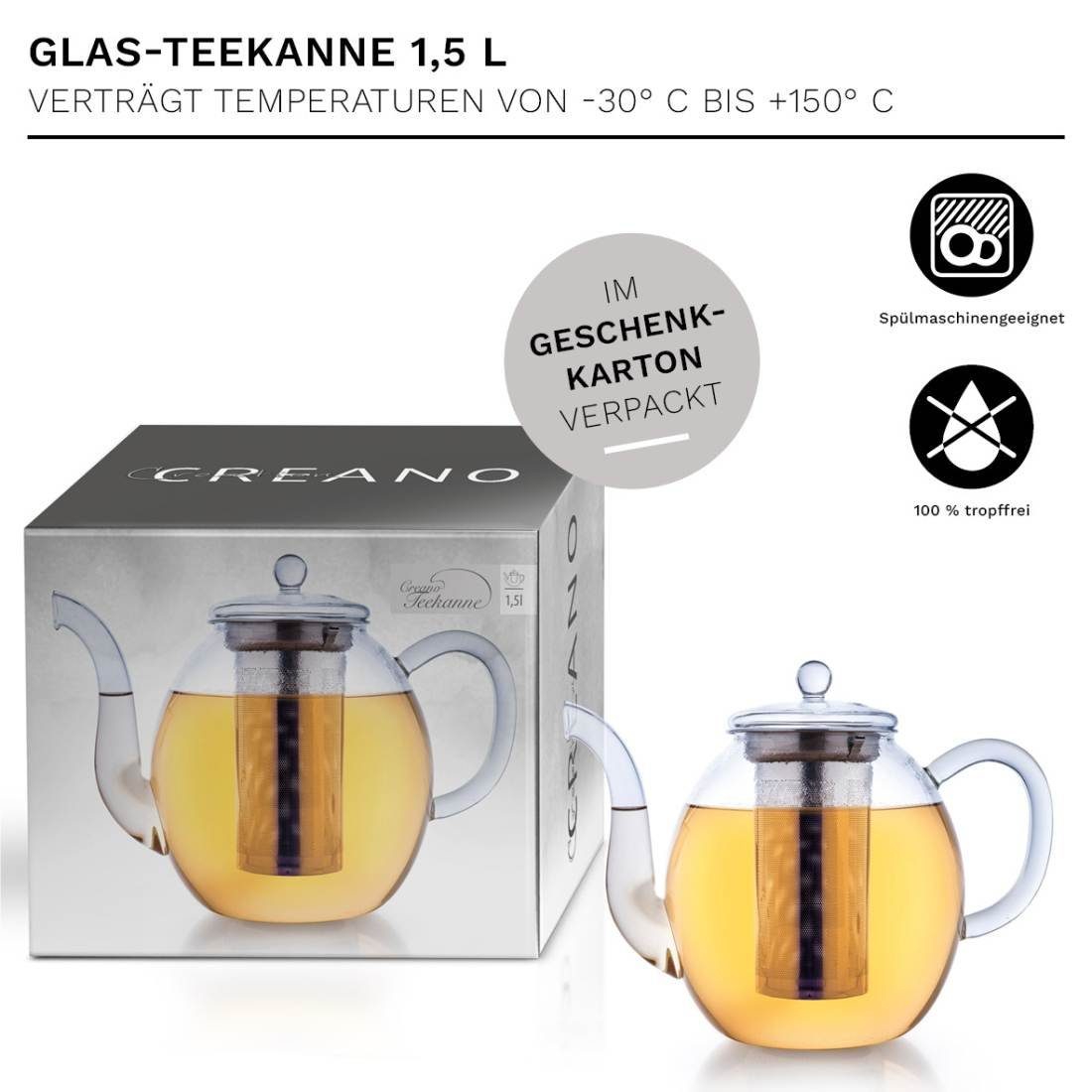 Creano Teekanne Creano Teekanne aus (Set) Glas + Edelstahl, Stövchen 3-teilige, ein aus 1,5l