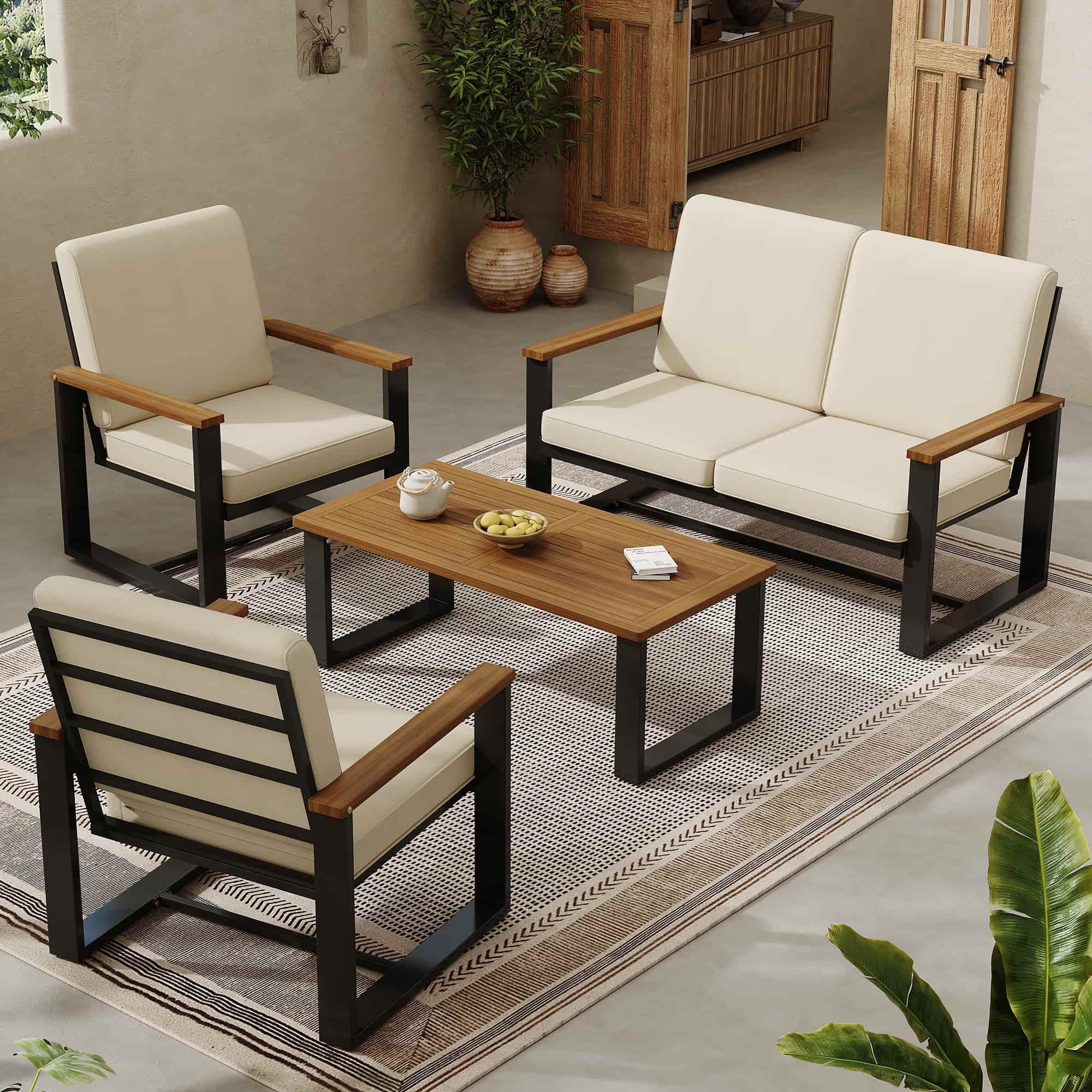 Yemaster Gartenlounge-Set Gartenmöbel-Set 4-teilig in Beige, 2-Sitzer-Sofa, 2 Einzelsofas, (Couchtisch mit Akazienholzplatte, verzinkter Stahlrahmen, platzsparendes Design, ideal für Balkon, Terrasse & Garten, stilvoll & robust im modernen Industrie-Look)