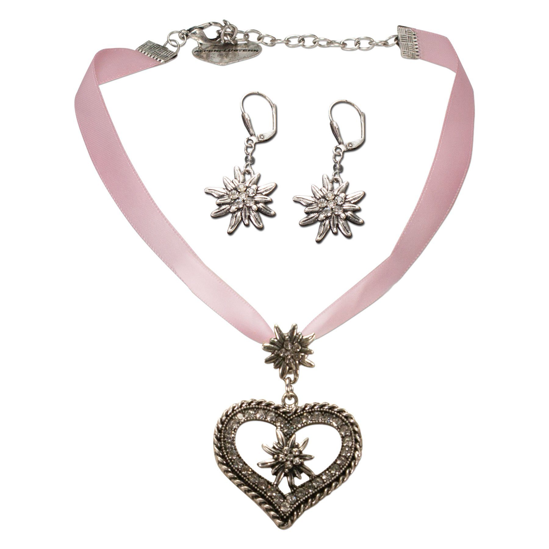 Ketten-Set Trachtenschmuck-Set Satin-Trachtenkette Strassedelweissherz und Trachten-Ohrhänger Strass-Edelweiss (rosa-ros)