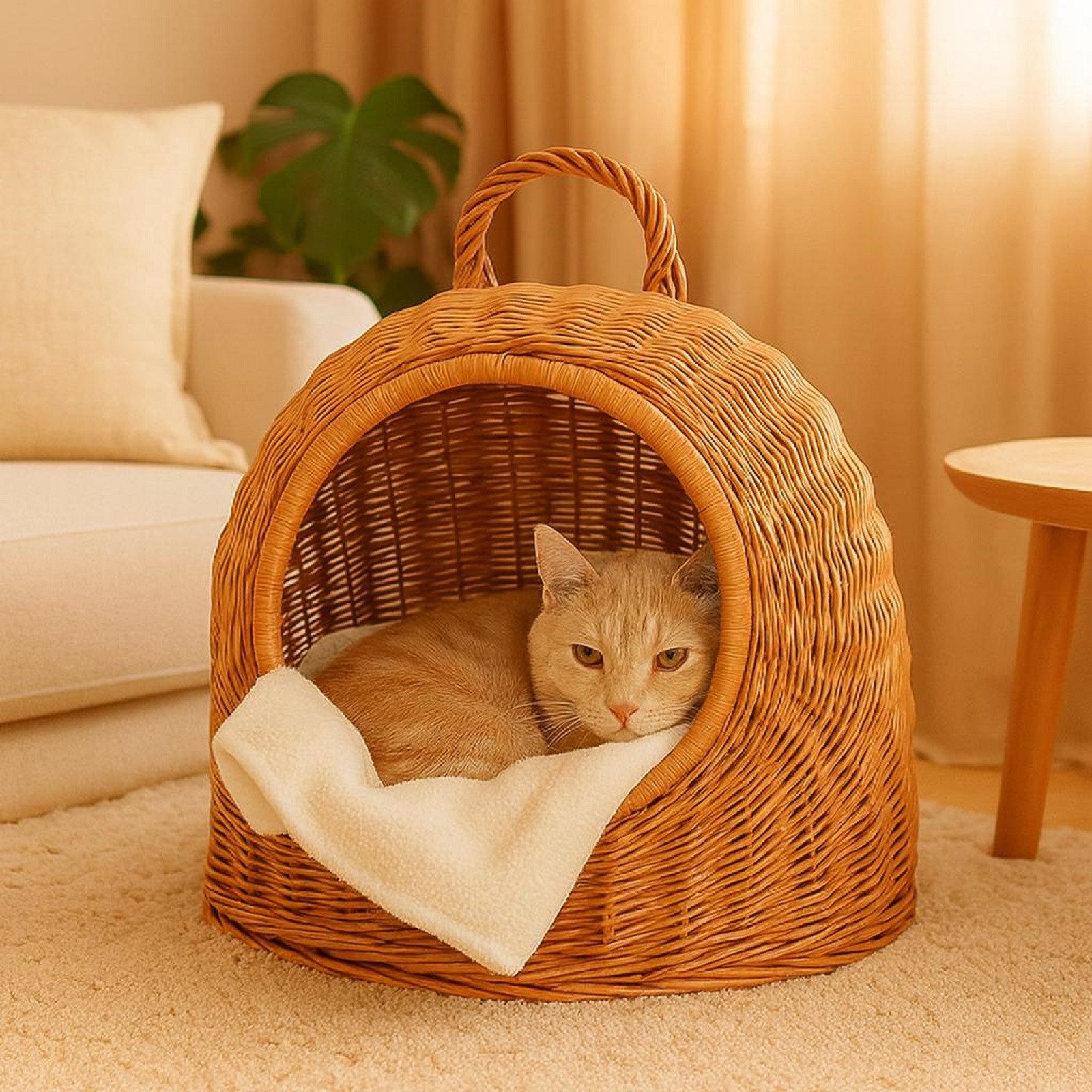 QLS Tierbett Hunde- Katzenbett aus Weide – 40x34x35 cm, Körbchen mit Griff Handgeflochten