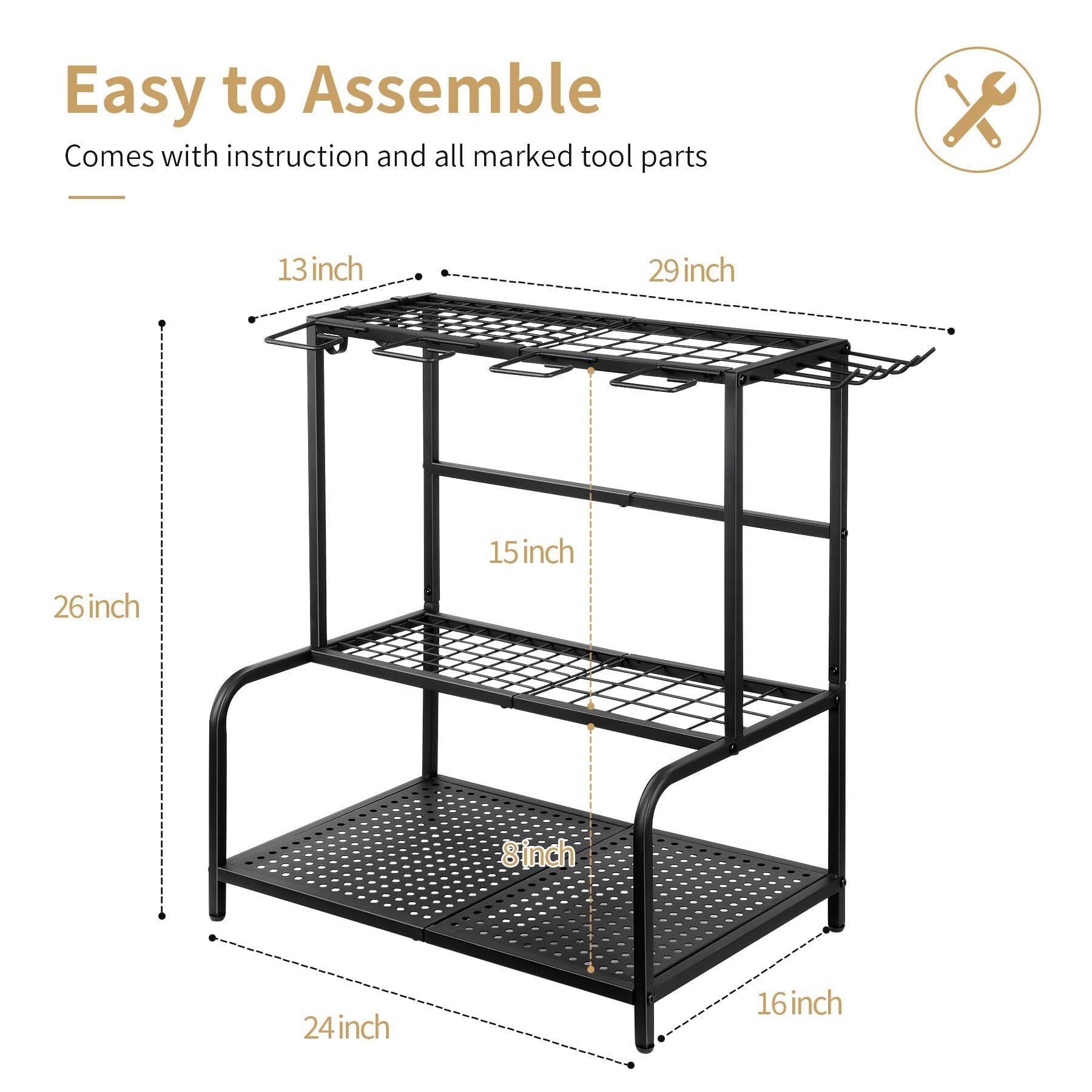 Toomoke Gartengerätehalter Metall Gartengerätehalter mit 3 Ebenen Werkzeugregal mit Haken, (für Garage, Garten & Keller, 74 × 41 × 66 cm,platzsparend,stabil, rostfrei,hohe Tragkraft)