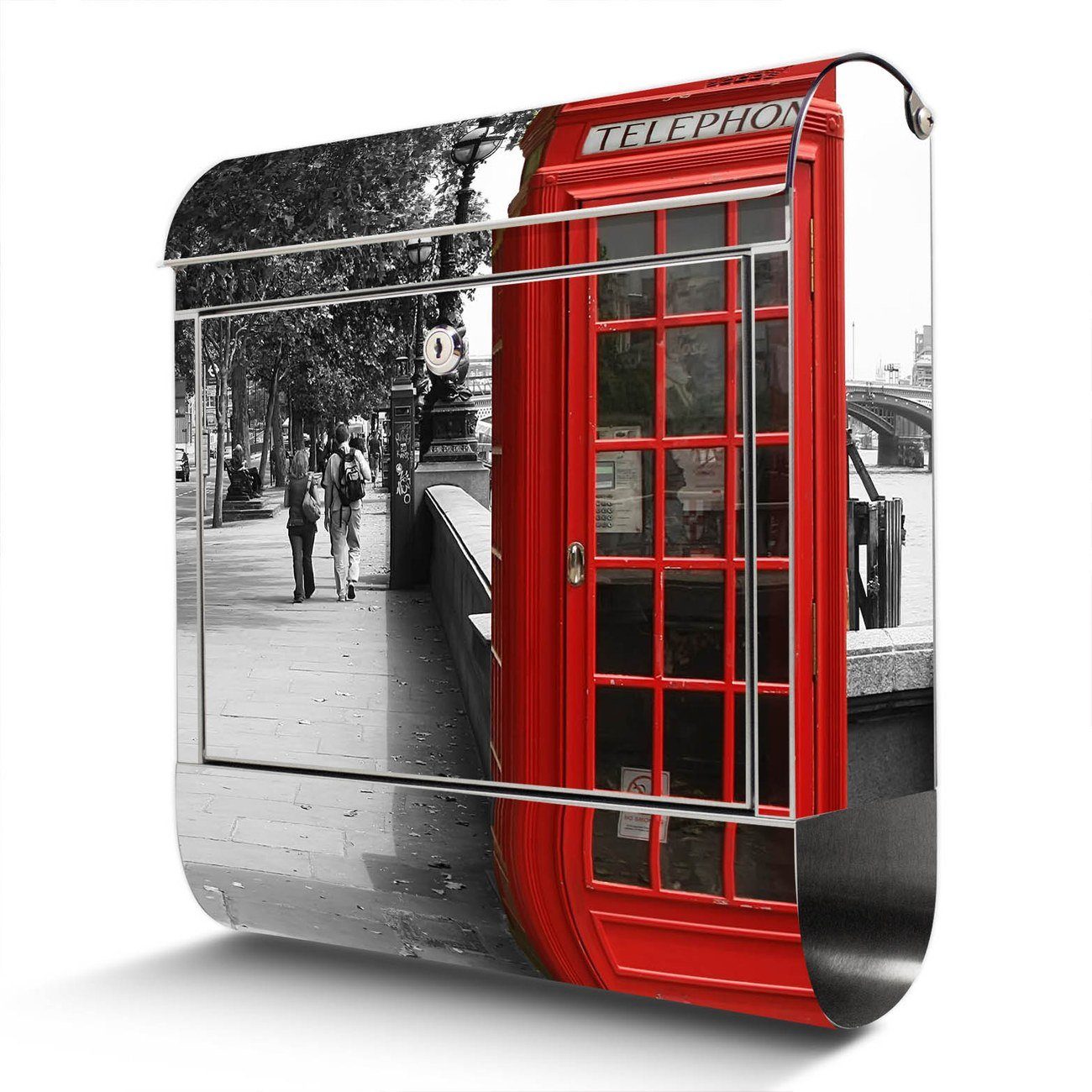 banjado Wandbriefkasten Edelstahl London Red Telephone (Wandbriefkasten groß, mit Zeitungsfach), 38 x 42,5 x12cm