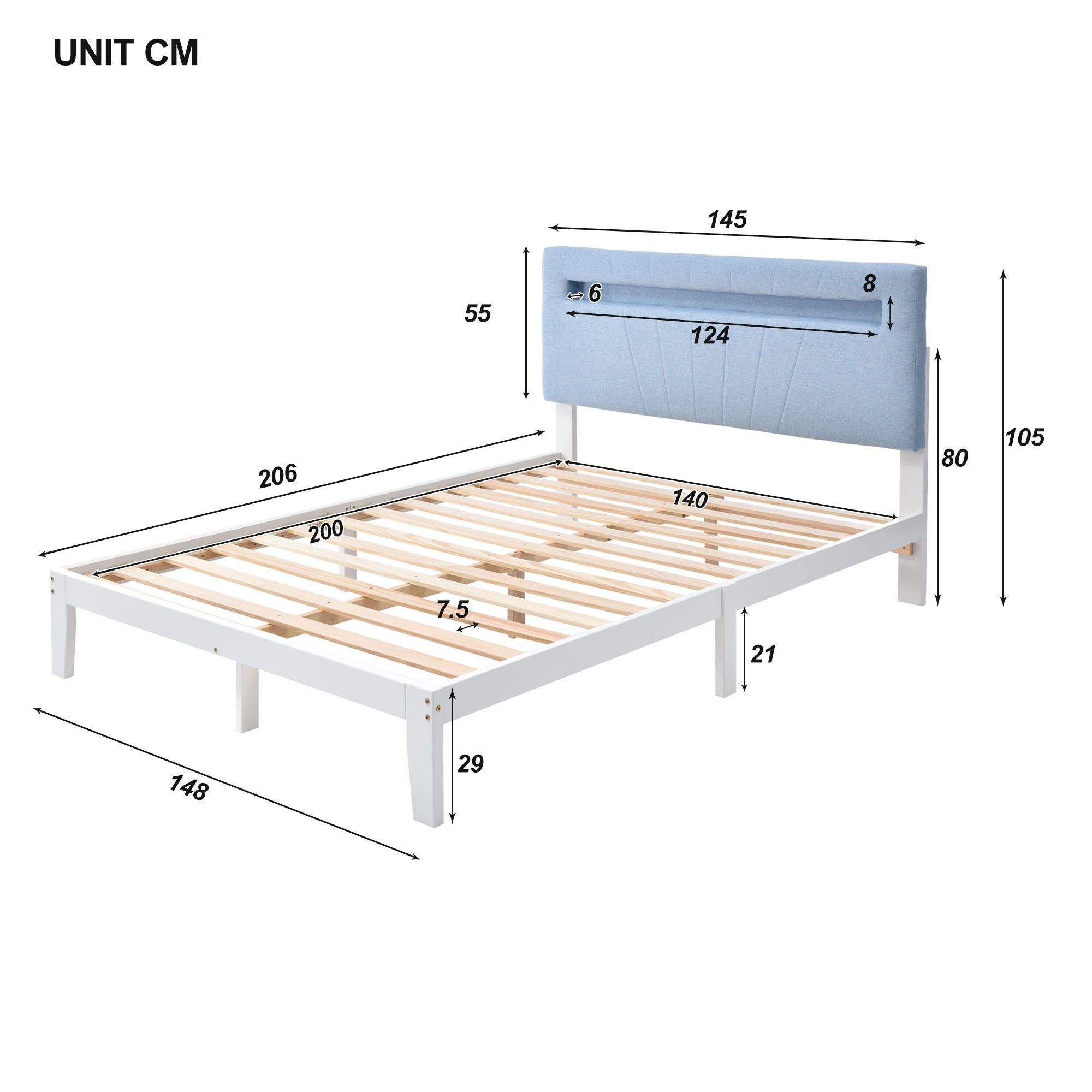Massivholzbett (Doppelbett Jugendbett), mit LED-Beleuchtung & Polsterkopfteil, 140x200cm