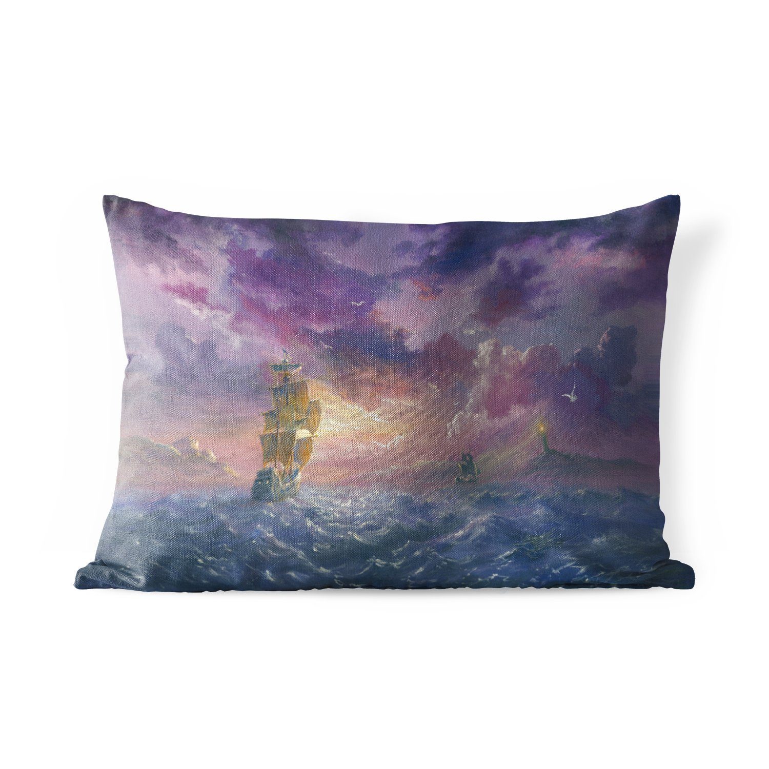 unter Polyester, MuchoWow Illustration Dekokissenbezug, violetten Dekokissen Segelschiffs eines Outdoor-Dekorationskissen, Kissenhülle Himmel, einem