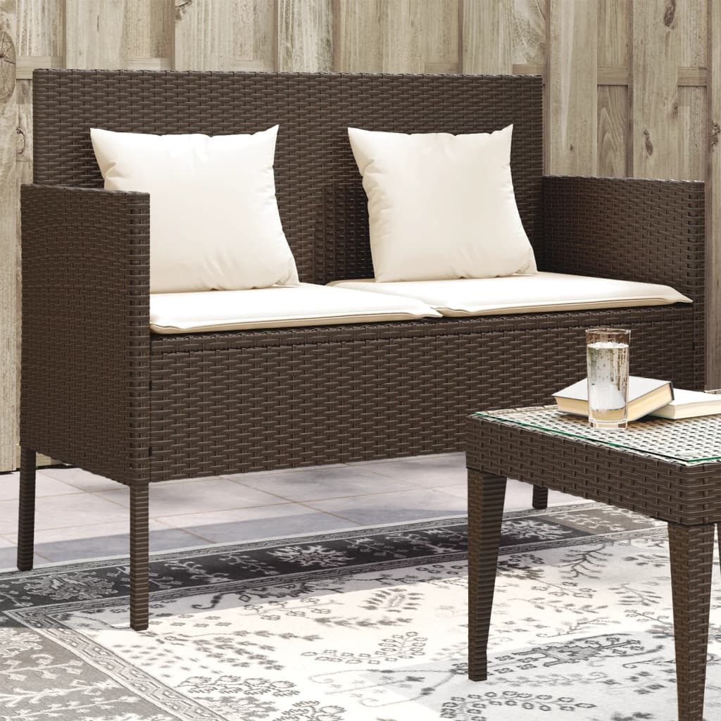 furnicato Gartenbank aus PE-Rattan Braun 113x61x87 cm mit Stauraum, Wetterfeste Sitzbank mit Gasfeder, Kissen und wasserfestem Beutel