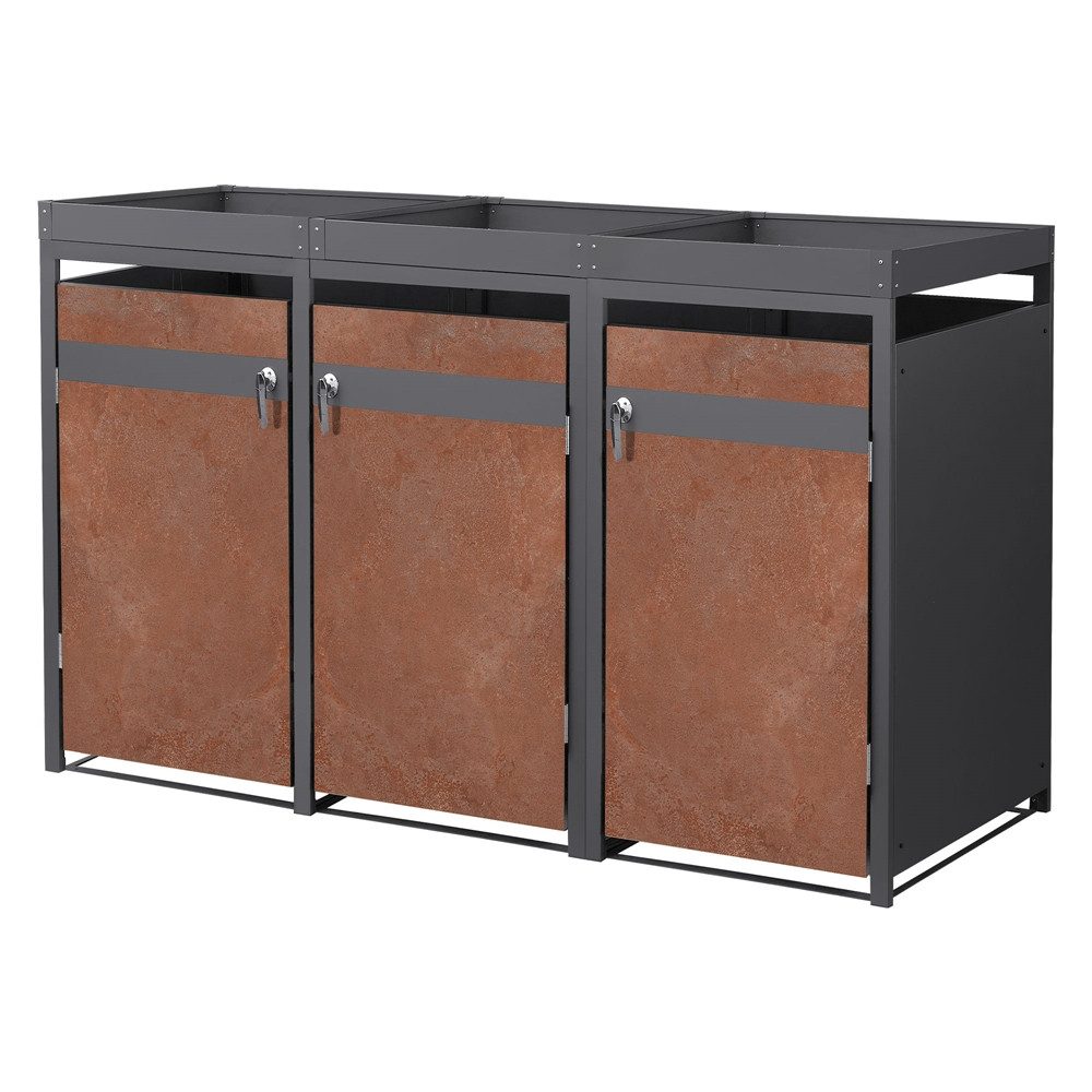 ML-DESIGN Mülltonnenbox Müllbox aus Stahl wetterfeste Mülltonnen Verkleidung Mülltonnengarage, für 3 Tonne 240L 200x80x124cm Anthrazit, Rot-Braun mit Pflanzdach