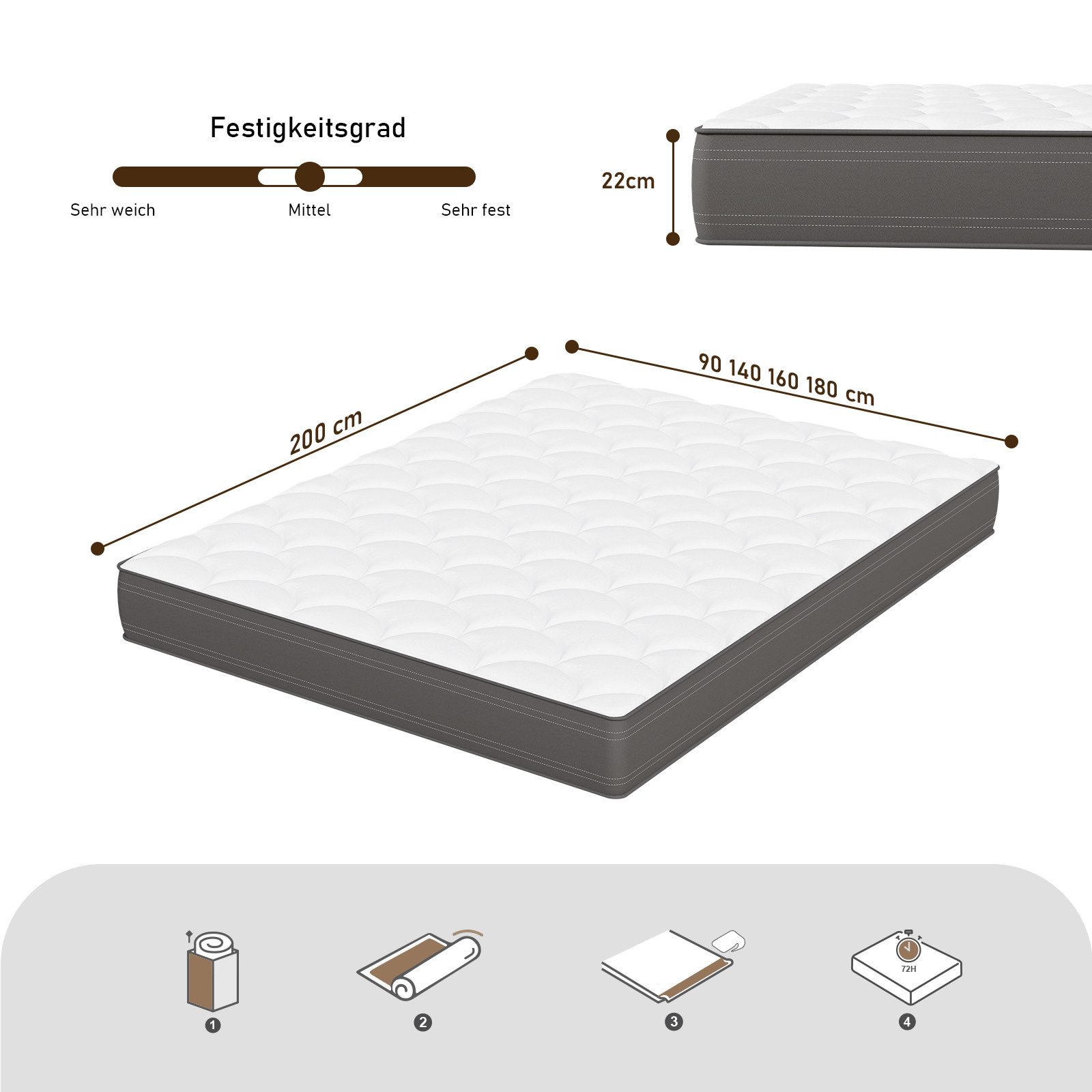 Taschenfederkernmatratze Matratze H3 - Härte, 7 Zonen Ergonomische Federkernmatratze Oeko‑TEX, Luvanza, 22 cm hoch, Antibakteriell, Druckentlastung, Hypoallergen, Langlebig