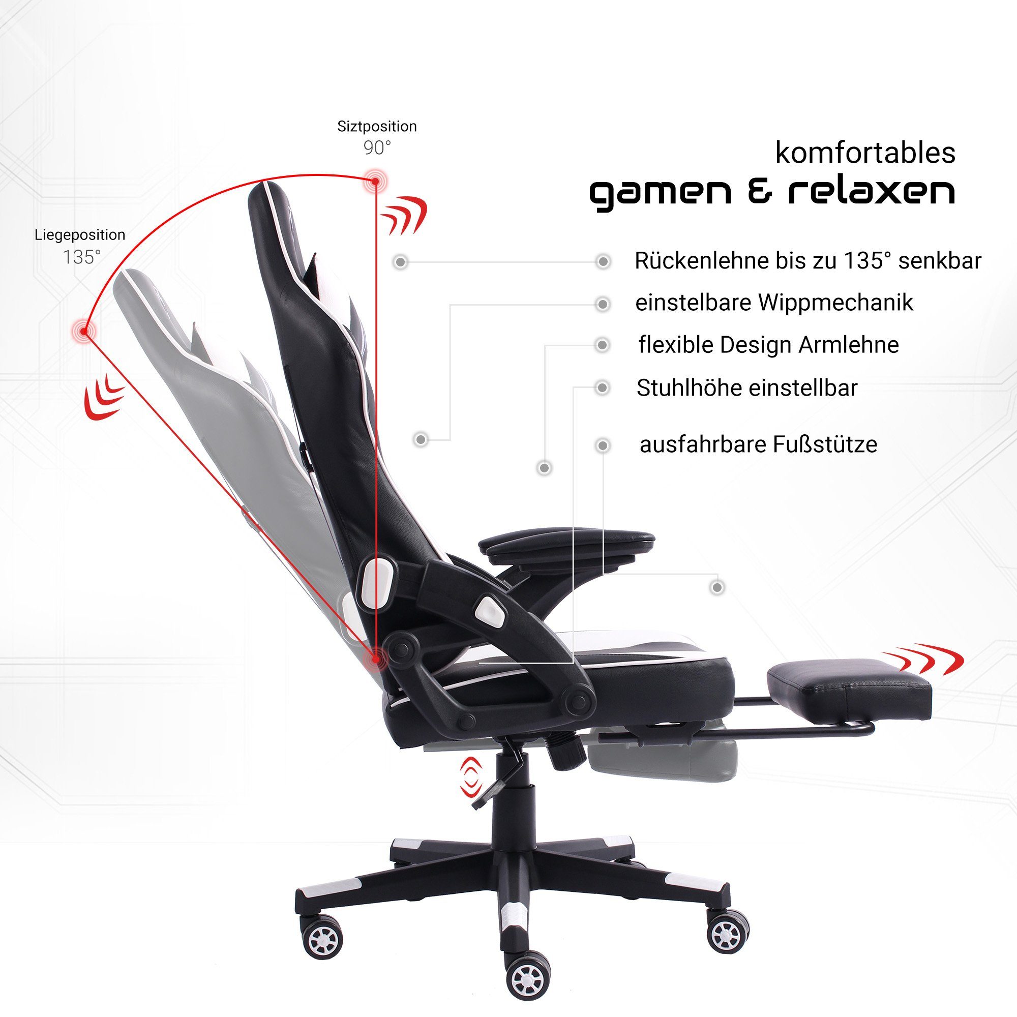 Schwarz/Weiß Chefsessel Bürostuhl Fußstütze Chefsessel Gaming PC-Stuhl Racing-Design Armando Stück), Chair (1 TRISENS