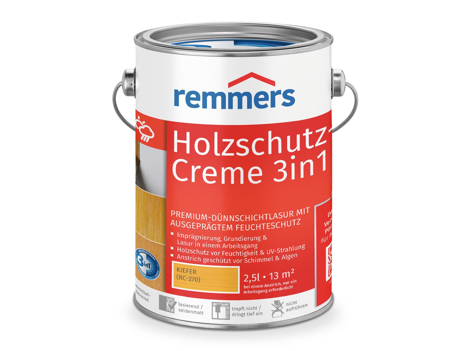 Remmers Holzschutzlasur Holzschutz-Creme 3in1 2,5 Liter, 3facher Holzschutz mit Imprägnierung + Grundierung + Lasur