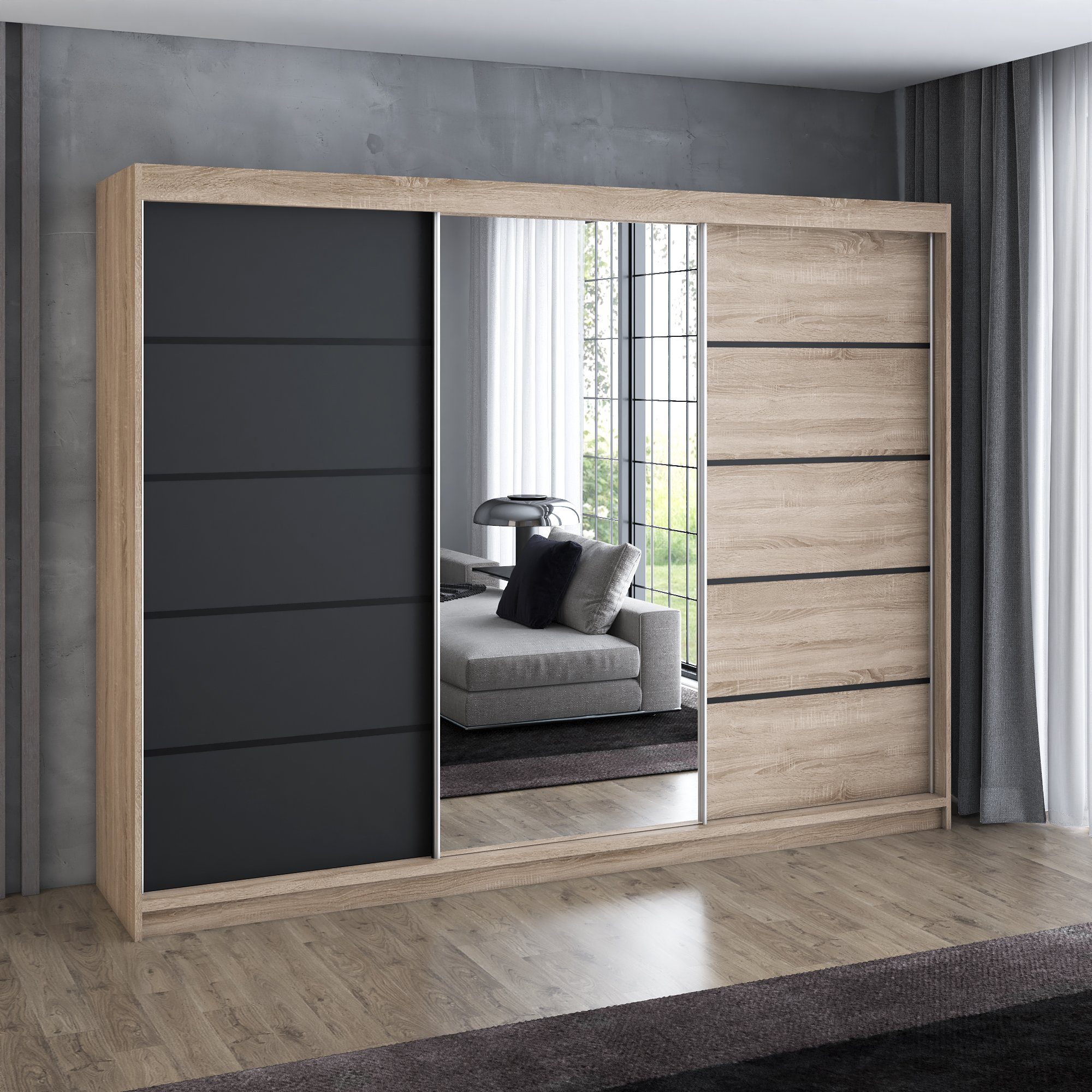 A&J MöbelLand GmbH Schiebetürenschrank VILUNO mit 4 Schubladen und Spiegel (nur für kurze Zeit! TOP ANGEBOT! Geräumiger Schrank mit einer Breite von 200 cm und  – Bild 2 von 5