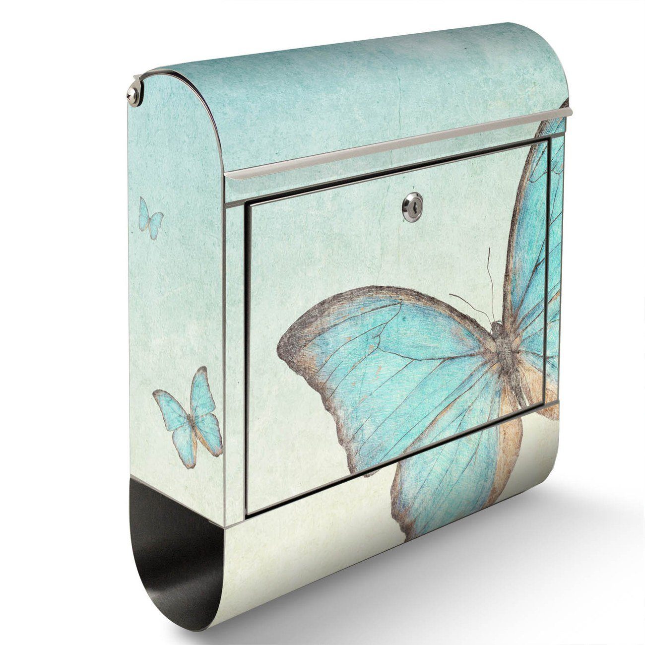 banjado Wandbriefkasten Edelstahl Blaue Schmetterlinge groß, x 42,5 x12cm Zeitungsfach), 38 mit (Wandbriefkasten
