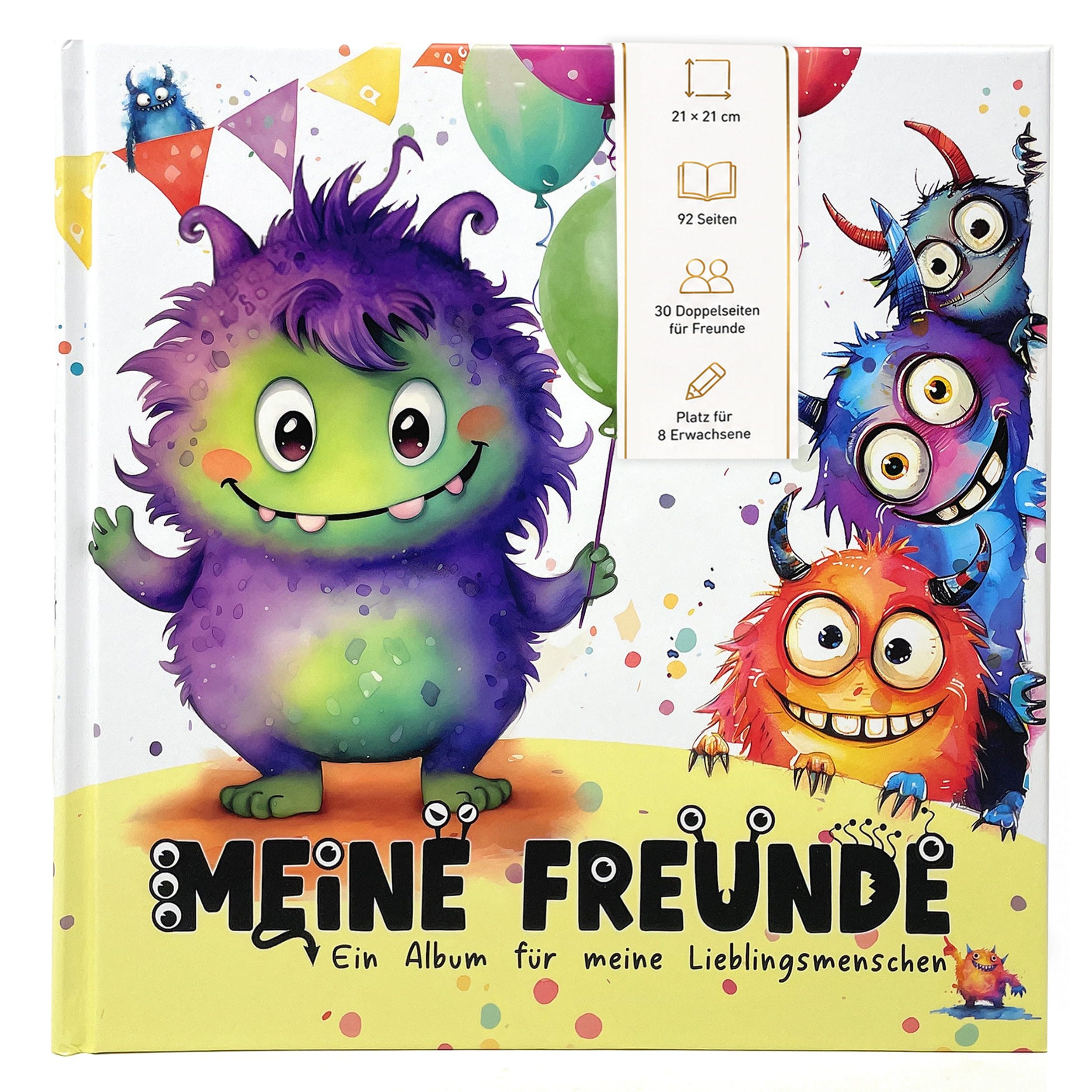 TOBJA Poesiealbum Freundebuch Grundschule Monster 21x21 cm - 30 Freunde, 8 Erwachsene, Monster-Motiv, 92 Seiten, 30 Doppelseiten, FSC®-Papier