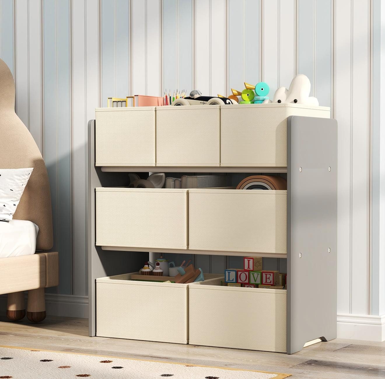 SONGMICS Spielzeugtruhe Kinderregal Bücherregal Kinder, mit Kippschutz, 29,5 x 62,5 x 60 cm (T x B x H), Kinderzimmer-Regal