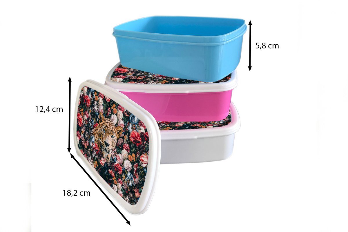 MuchoWow Lunchbox Leopard für Brotdose, - Kunststoff, Mädchen Jungs Kinder Tiere, und Erwachsene, Blumen und Brotbox - für weiß (2-tlg)