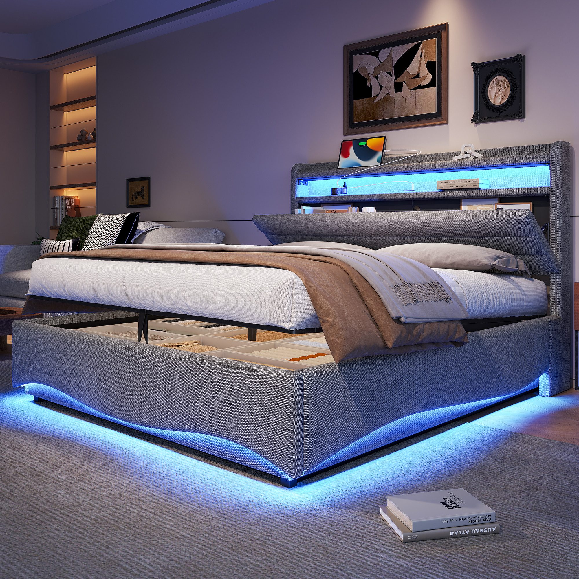 TavilaEcon Boxspringbett Polsterbett mit LED-Beleuchtung und Hydraulikmechanismus (1-St), 140x200cm, mit Ablagefach, USB-/Typ-C-Anschluss, Grau