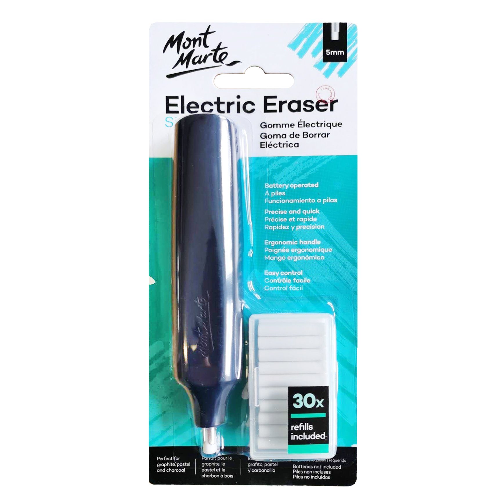 Mont Marte Radiergummi Radierer mit batteriebetriebener Rund-Mine & 30 x 5 mm Ersatzminen, Batteriebetrieben (NICHT enthalten) & 30 x austauschbare Wechselminen