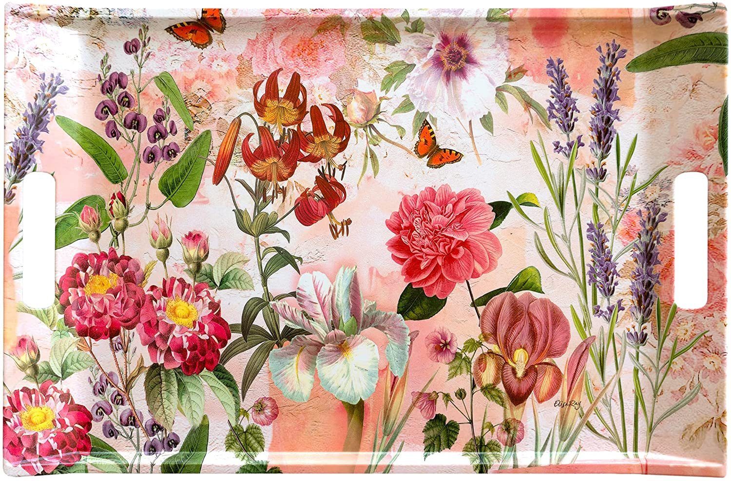 Lashuma Tablett Wildblumen, Melamin, (1-tlg), Rosa Frühstückstablett Kunststoff 54x35 cm