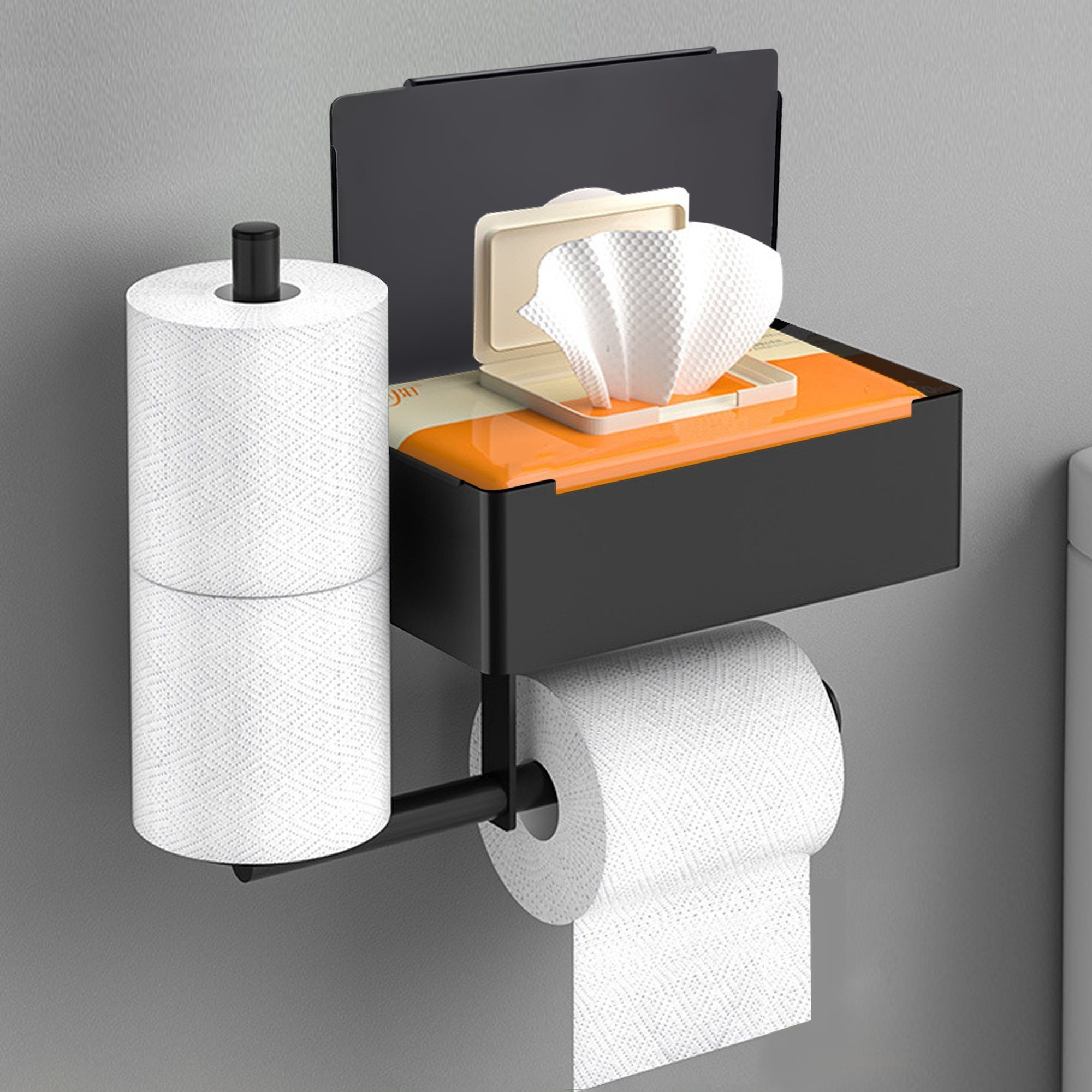 DAKYAM Toilettenpapierhalter mit Feuchttücherbox Selbstklebend, für Bad und Küche mit 2 Ersatzrollenhaltern