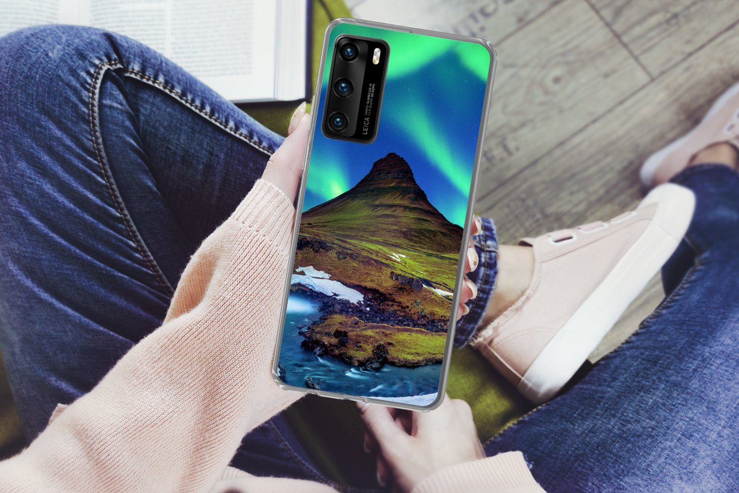 MuchoWow Handyhülle für Huawei P40 Nordlicht - Sternenhimmel - Island - Berg - Grün - Wass, Handy Case, Silikon, Bumper Case Dünn