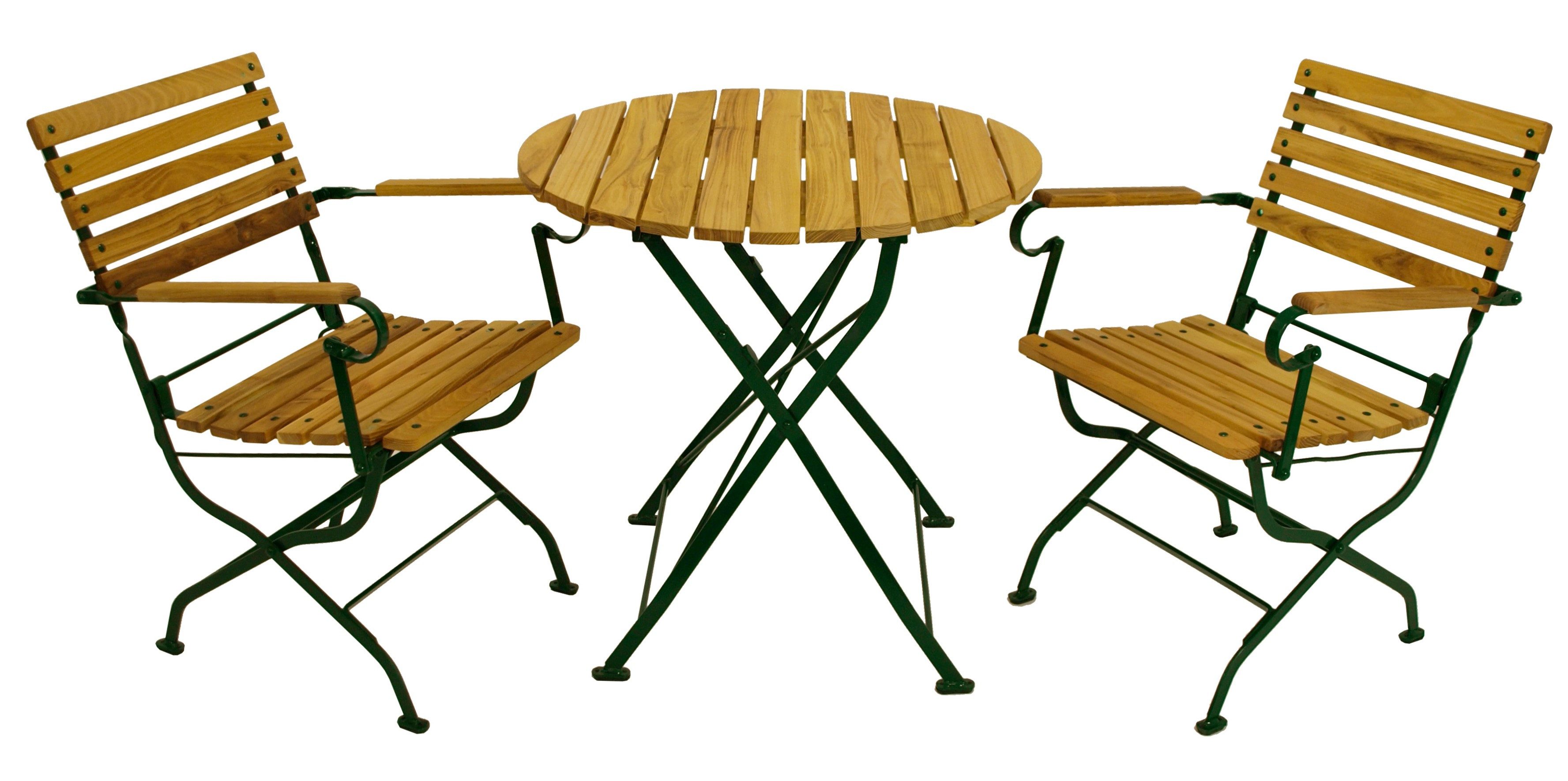 TPFGarden Sitzgruppe BAD-BELZIG, (Gartenessgruppe 3-teilig - Gartenset für 2 Personen, 3-tlg., Gartensitzgruppe - Flachstahl - Robinienholz dunkelgrün), (2x Armlehnensessel, 1x Tisch 77cm rund)