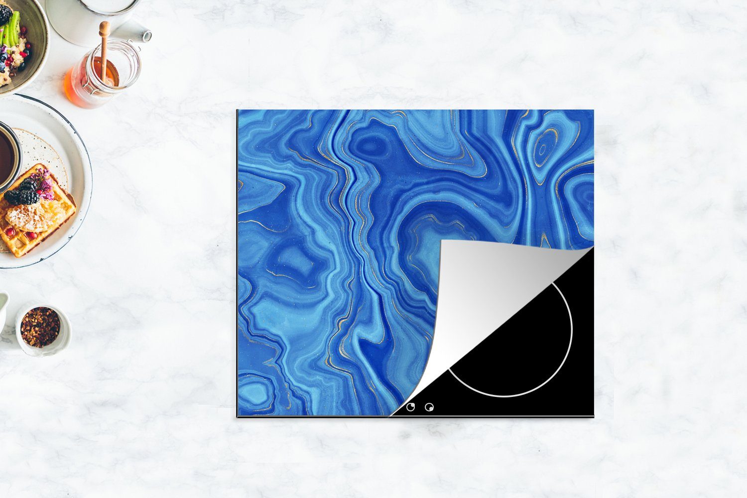 MuchoWow Herdblende-/Abdeckplatte Blau - Marmor, - cm, für Induktionsherd, Küchen 58x51 Induktionskochfeld tlg), Steine Achatgeode Dekoration (1 Vinyl, 