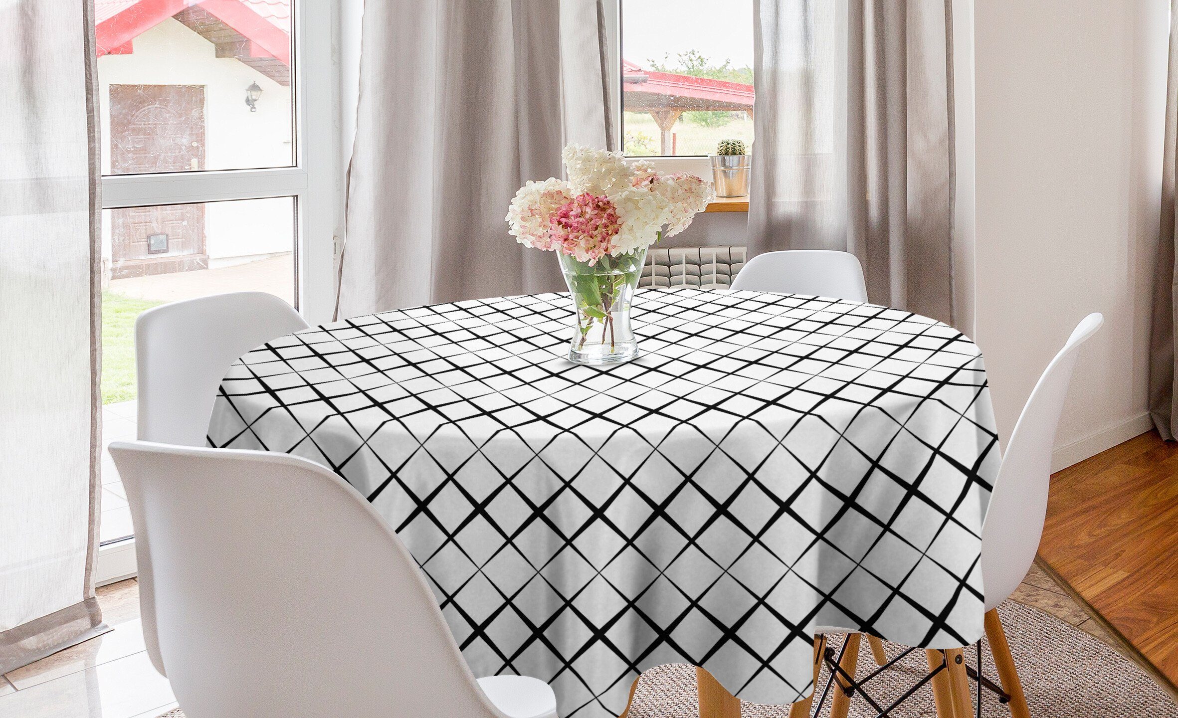 Abakuhaus Tischdecke Kreis Tischdecke Abdeckung für Esszimmer Küche Dekoration, Schwarz und weiß Gitternetzlinien