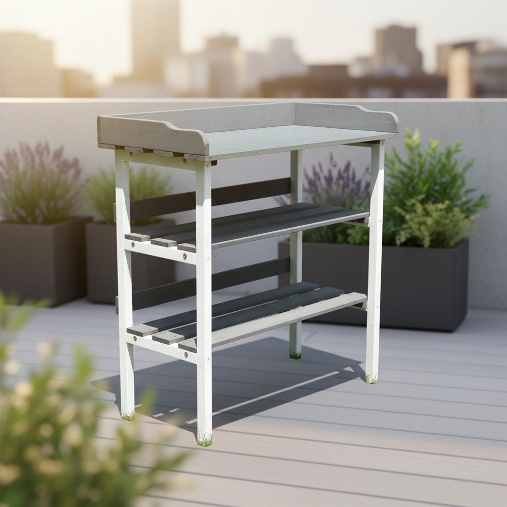 Melko Pflanztisch Gartenarbeitstisch Holz Pflanzregal mit Ablage Gärtnertisch (drei seitliche Haken ermöglichen das griffbereite Aufhängen von Werkzeugen, Einsetzbar als Pflanztisch, Gartenarbeitstisch oder Beistelltisch), Integriertes Stauraumkonzept