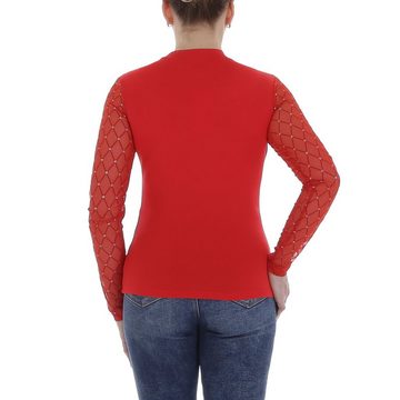 Ital-Design Langarmbluse Damen Elegant Glitzer Transparent Top & Shirt in Rot