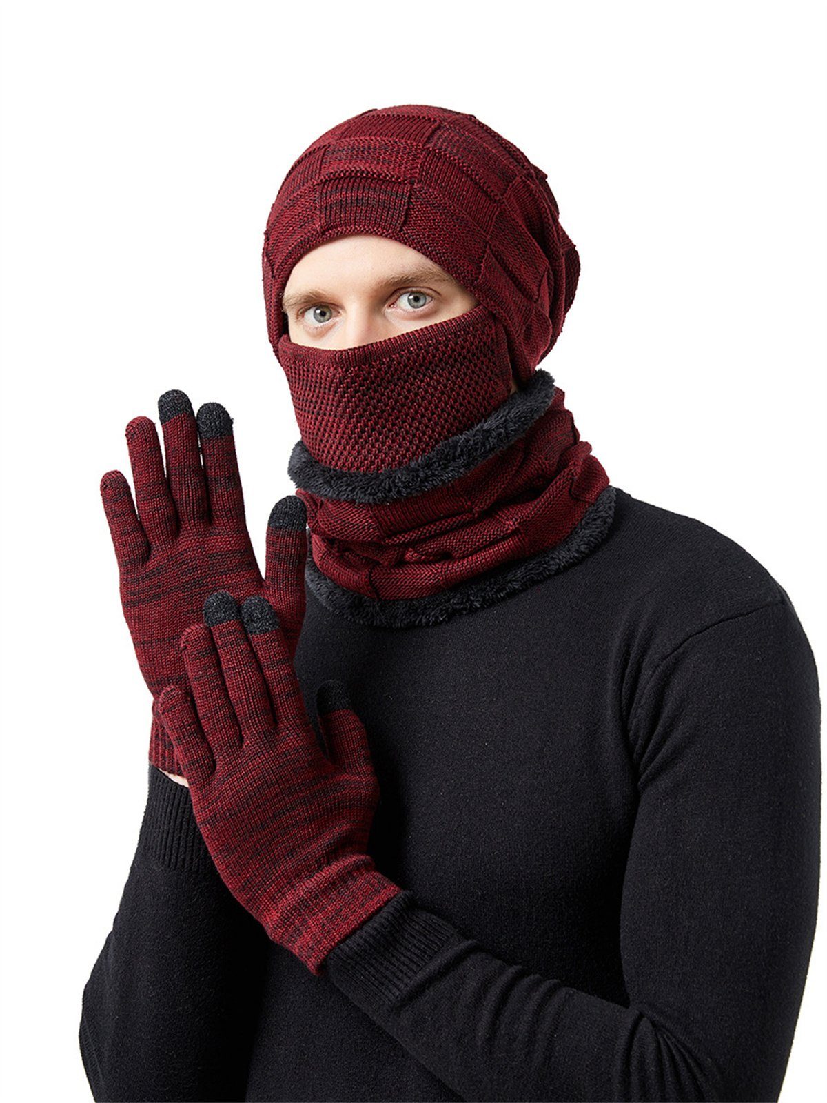 Maske, carefully aus Thermo-Strickmütze, Strickmütze Rotwein Handschuhen Set und Schal, selected 4-teilig