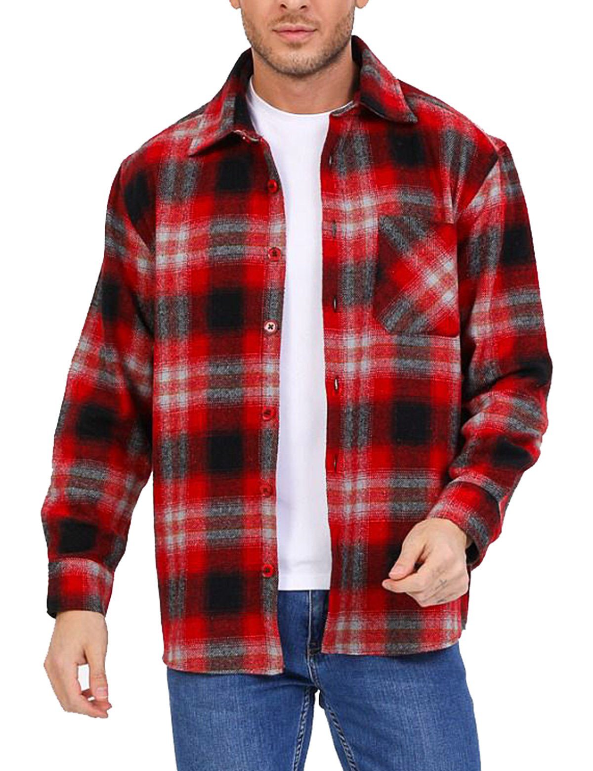 Gepolsterte Herrenhemden, Kariert, Revers, Fleece-gefüttert, Lockeres Hemd, Oberteil, Jacke, Dick, Gesteppt, Arbeitskleidung, Innenfutter, Thermohemd, Herrenhemd, Jacke, Schwarz , L