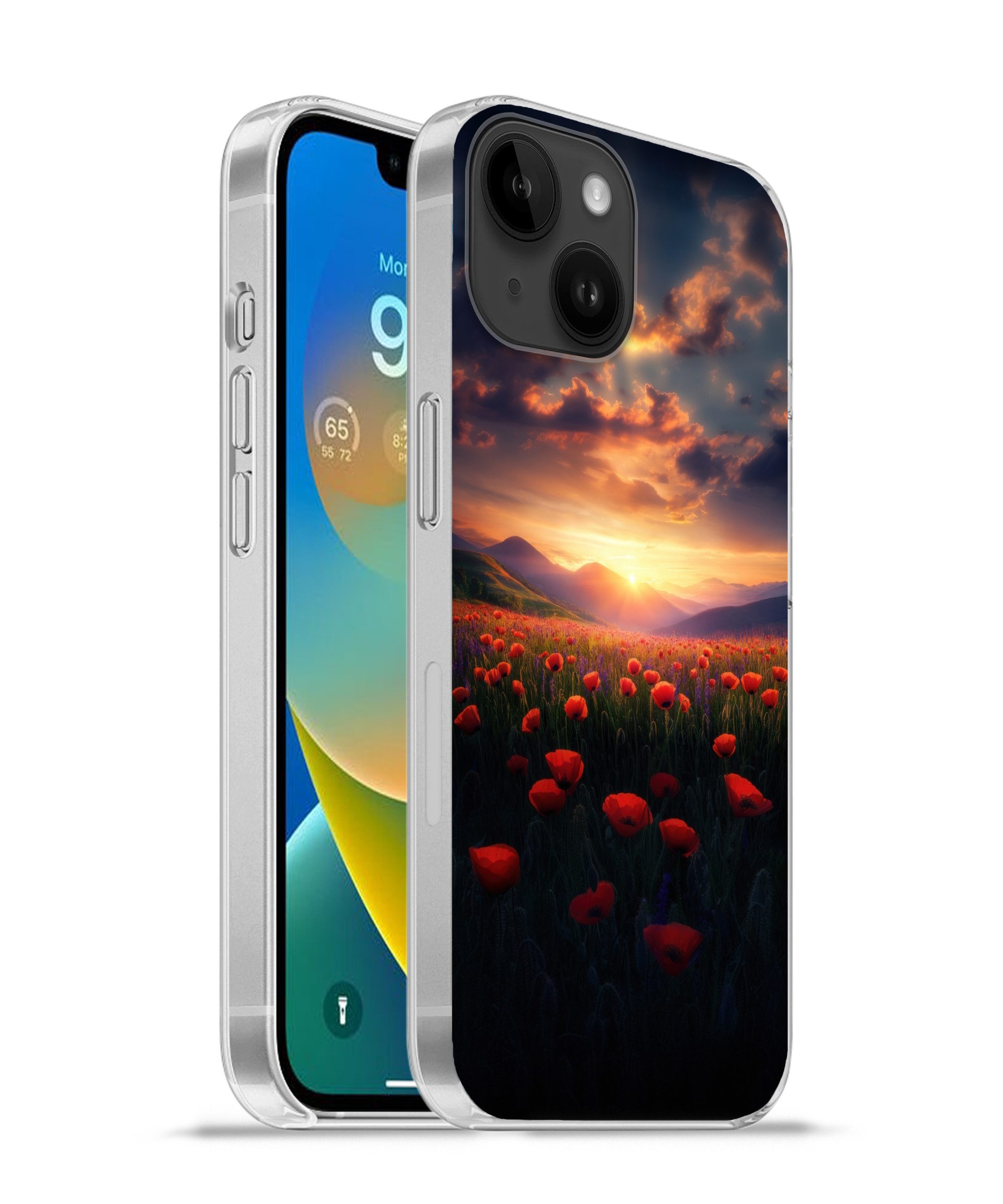 MuchoWow Handyhülle für Apple iPhone 14 Landschaft - Sonnenuntergang - Blumenfeld, Smartphone-Bumper, Print, Handy Schutzhülle Dünn