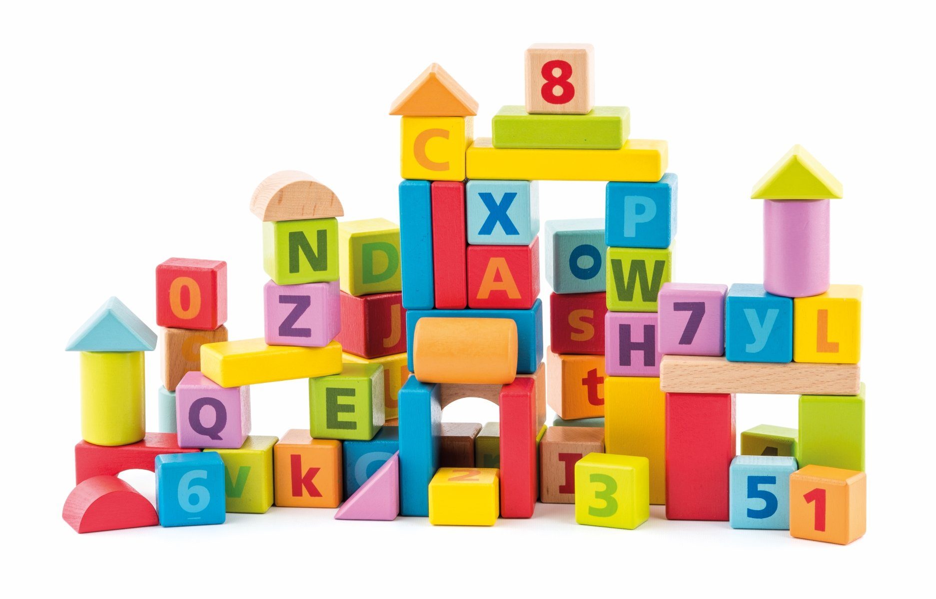 Woodyland Lernspielzeug 60 bunte, pastellfarbene Holzbausteine mit ABC, Zahlen und Steckspiel, Integriertes Steckspiel im Deckel der Aufbewahrungstrommel