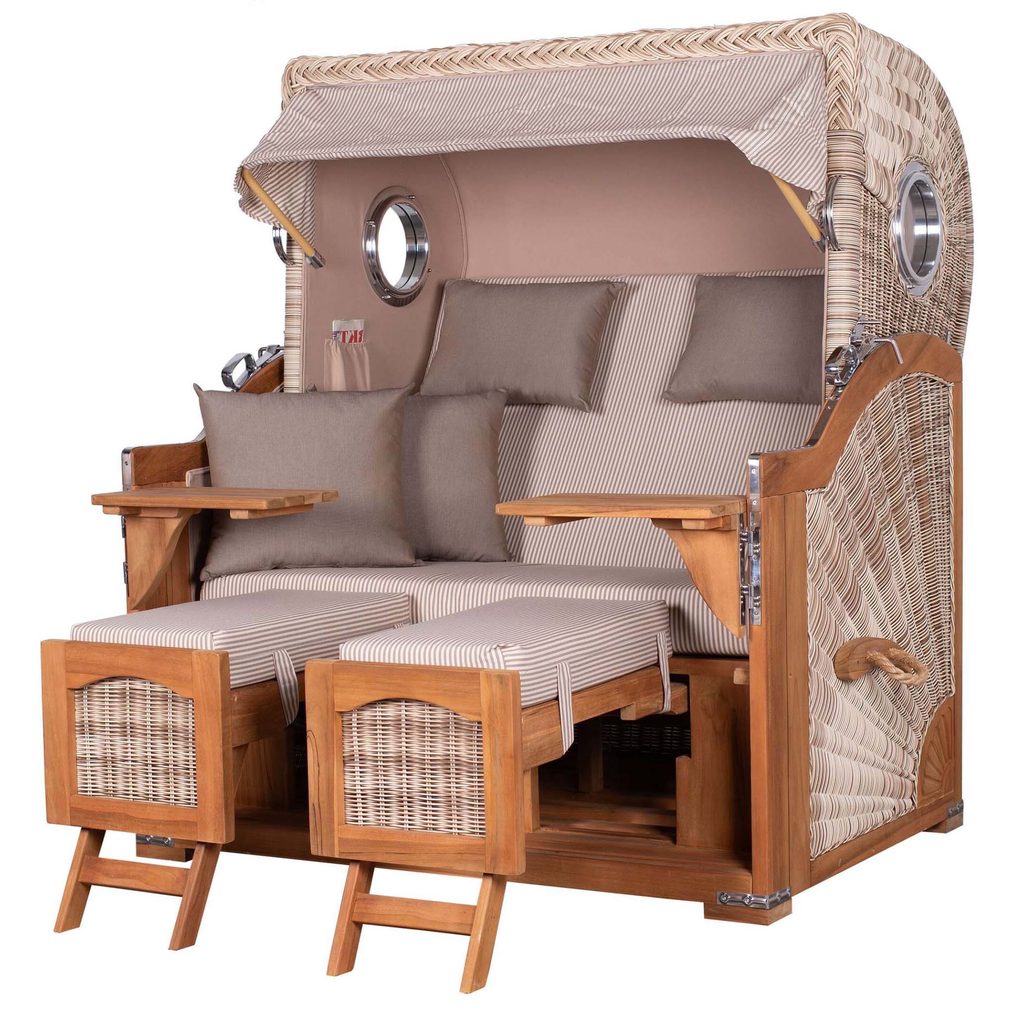 bene living Strandkorb Ammersee Grande XL 2,5-Sitzer Teak - PE shell - Modell 510, BxTxH: 142x95x165 cm, Volllieger, Ostsee-Strandkorb, (Strandkorb-Komplettset, 5-tlg., Strandkorb inkl. Liftersystem und umfangreichem Zubehör), mit Windschutzfolie, Bistrotischen und bequemer Polsterung