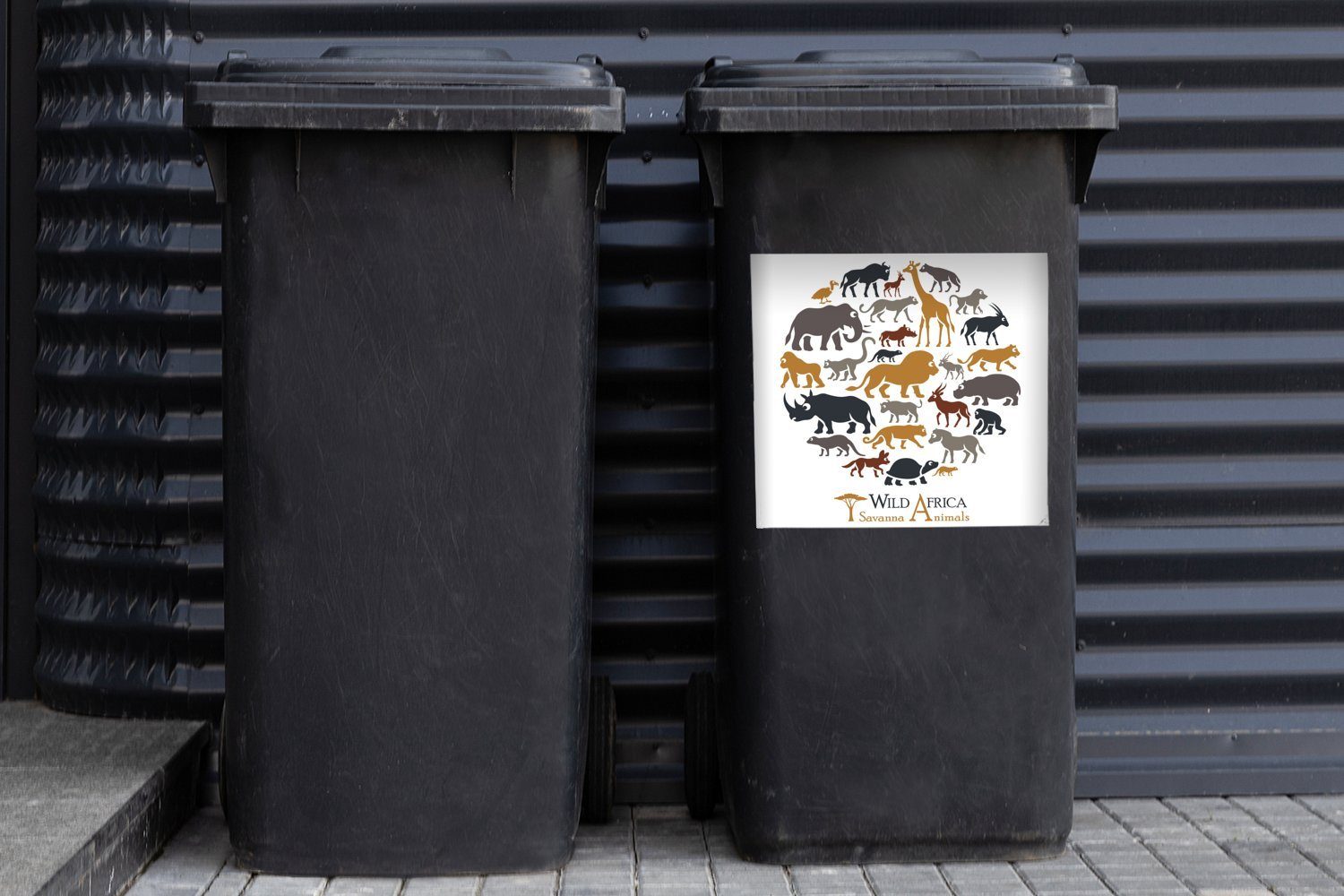 MuchoWow Wandsticker Eine den Big Container, St), der Five Tieren (1 Mülltonne, Illustration Abfalbehälter Mülleimer-aufkleber, Sticker, unter