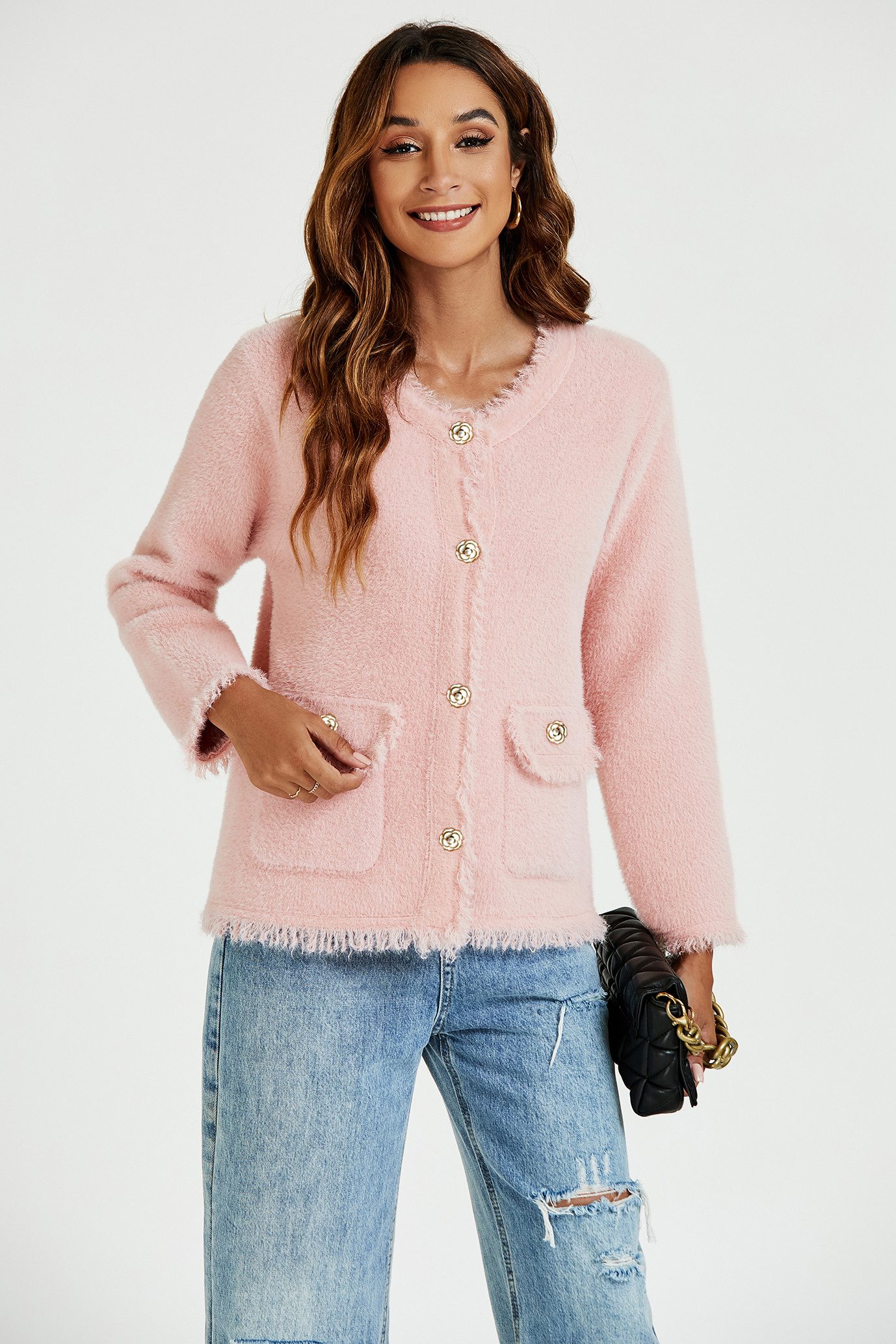 FS Collection Bouclèjacke Damen Bouclé-Jacke aus Baumwollmischung mit ausgefransten Kanten (Größen: XS, S, M, L, XL) 35% Baumwolle, 65% Polyester