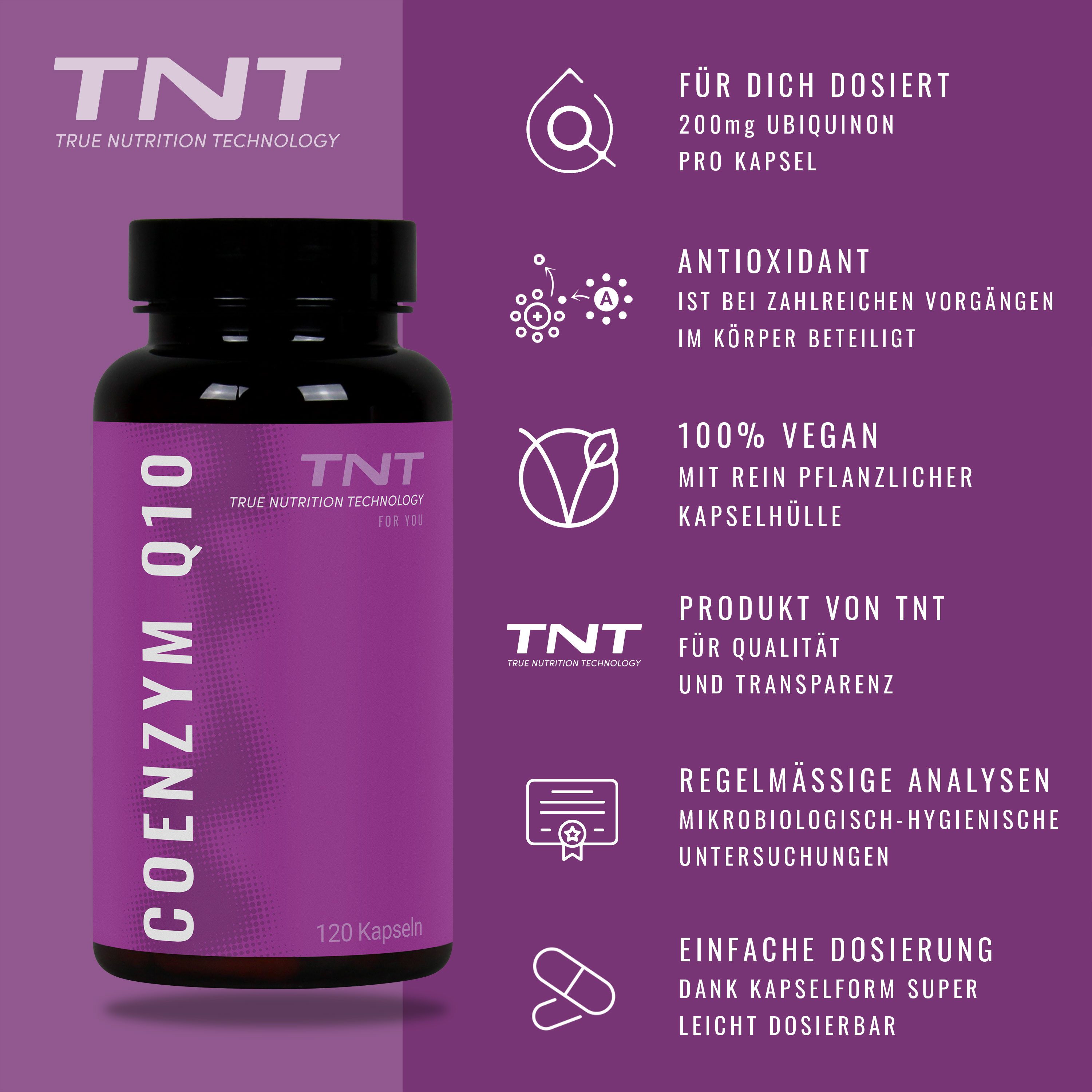 TNT (True Nutrition Technology) Coenzym Q10, Antioxidant mit 200mg Ubiquinon pro Kapsel. Vegan. Kapseln, 43 g