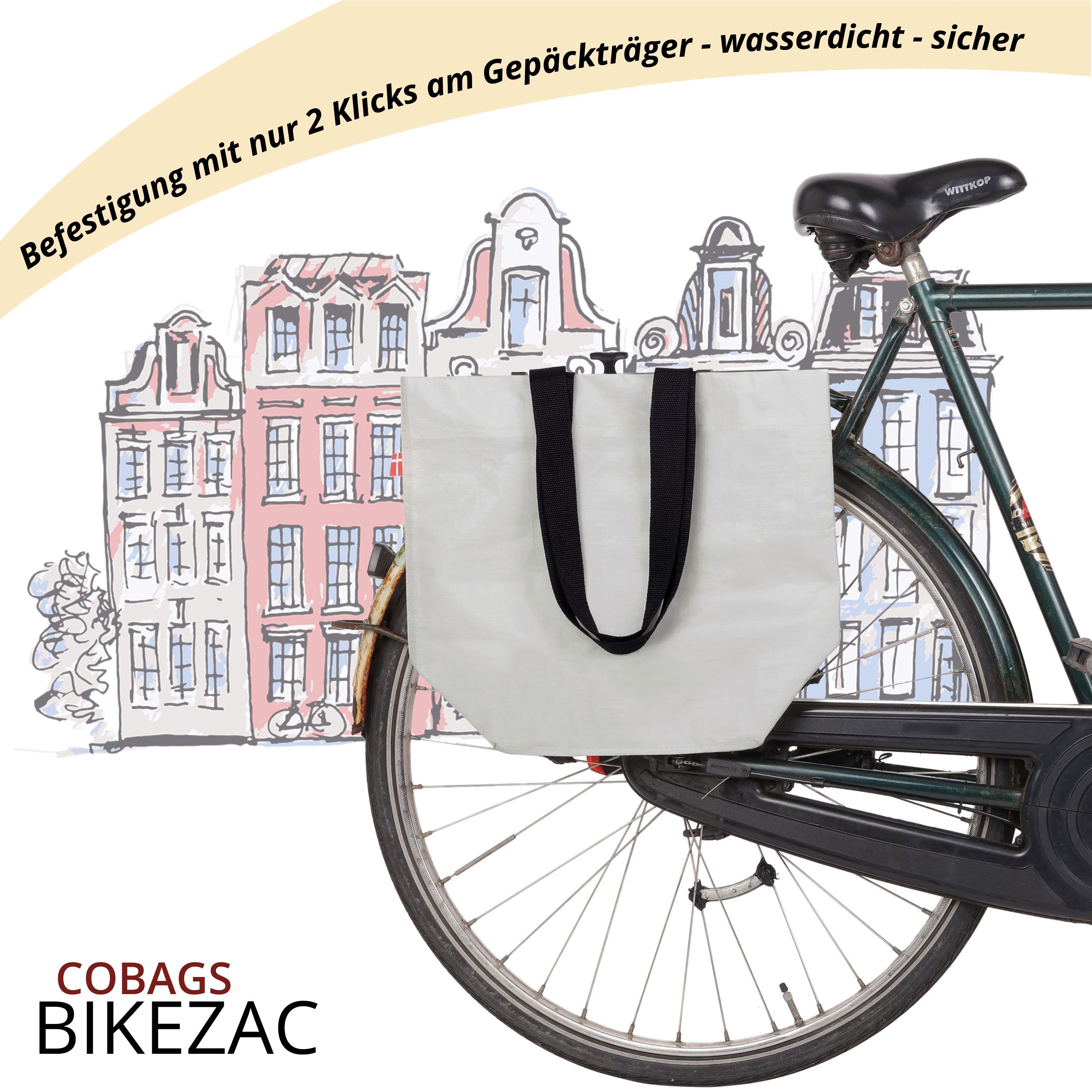 BIKEZAC Shopper Simply Grey Clip-On Tasche Praktischer Fahrrad Shopper für den Alltag (Kompakte Citytasche fürs Rad – umweltfreundlich & einfach montierbar, Fahrradeinkaufstasche wasserdicht Gepäckträger Einkaufswagen)