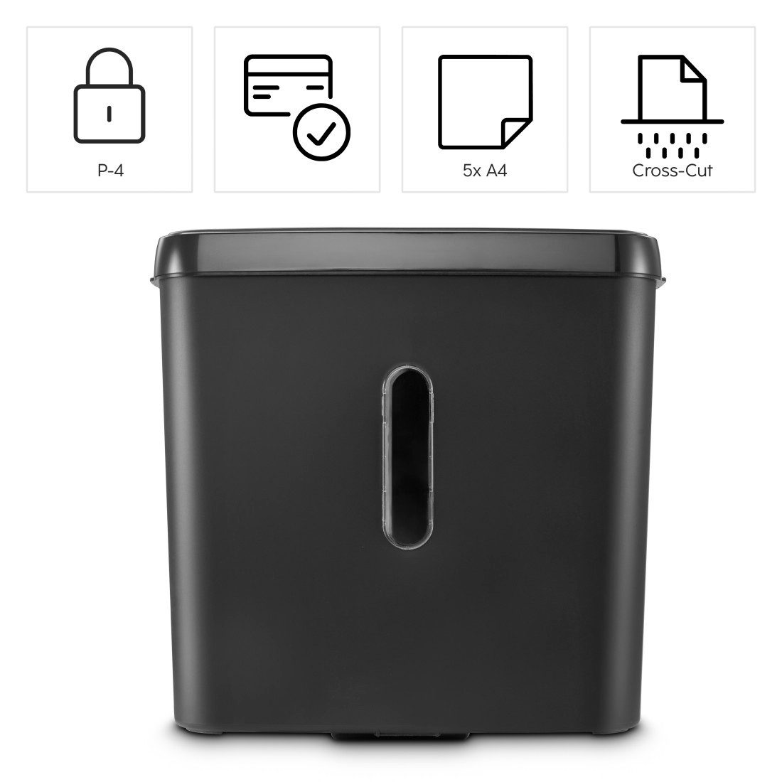 Hama Aktenvernichter Aktenvernichter Partikelschnitt (Papier + Plastik, Korb, 5 Blatt, P4), Mit Papierkorb, 4 x 39 mm Schnitzel, Automatik, Rücklauf