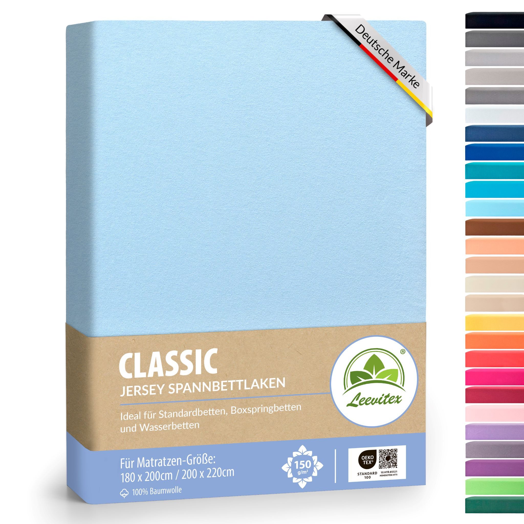 leevitex® Spannbettlaken 180x200 - 200x220 cm, 40 cm Steghöhe, Stoffdicke 150 g/m², Jersey, Gummizug: rundum, (1 Stück), OEKO-TEX® Standard 100 Zertifikatsnummer 10.HTR.85321 zertifiziert