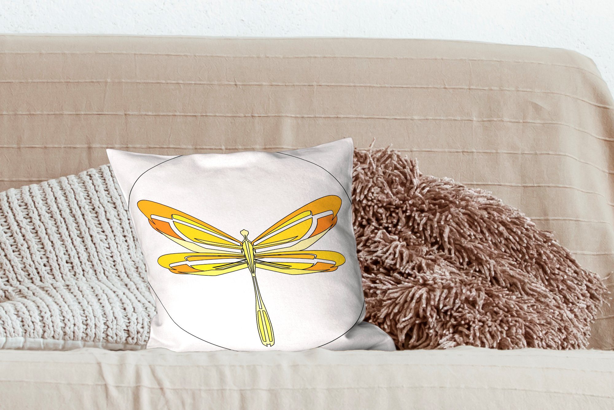 MuchoWow Dekokissen Eine Illustration einer Wohzimmer, Libelle, Zierkissen mit Sofakissen Deko, gelben für Füllung Schlafzimmer