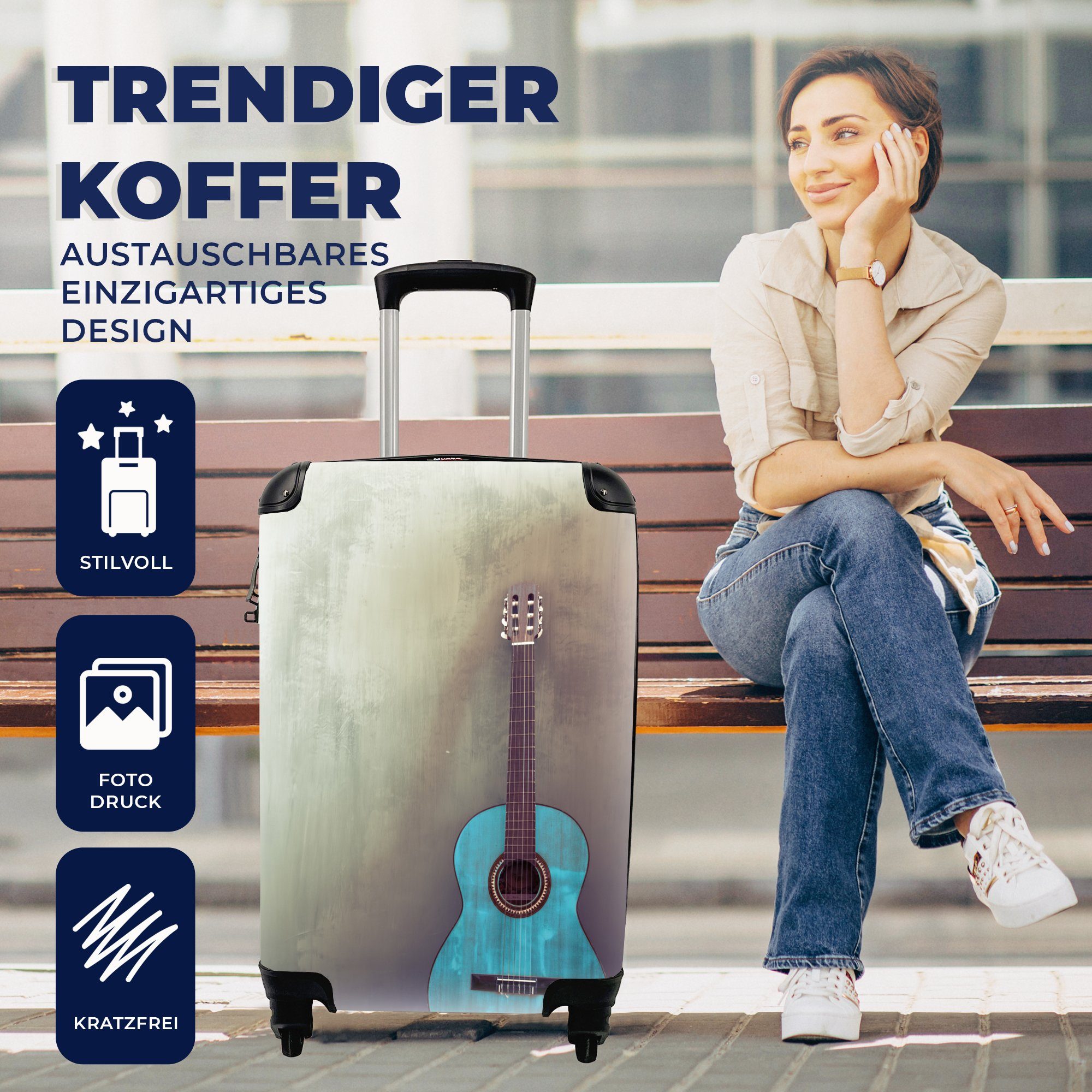 für Rollen, Handgepäck Raum Reisekoffer Reisetasche einem einer akustische Gitarre mit in rollen, 4 Betonwand, Ferien, Farbige MuchoWow Trolley, Handgepäckkoffer mit