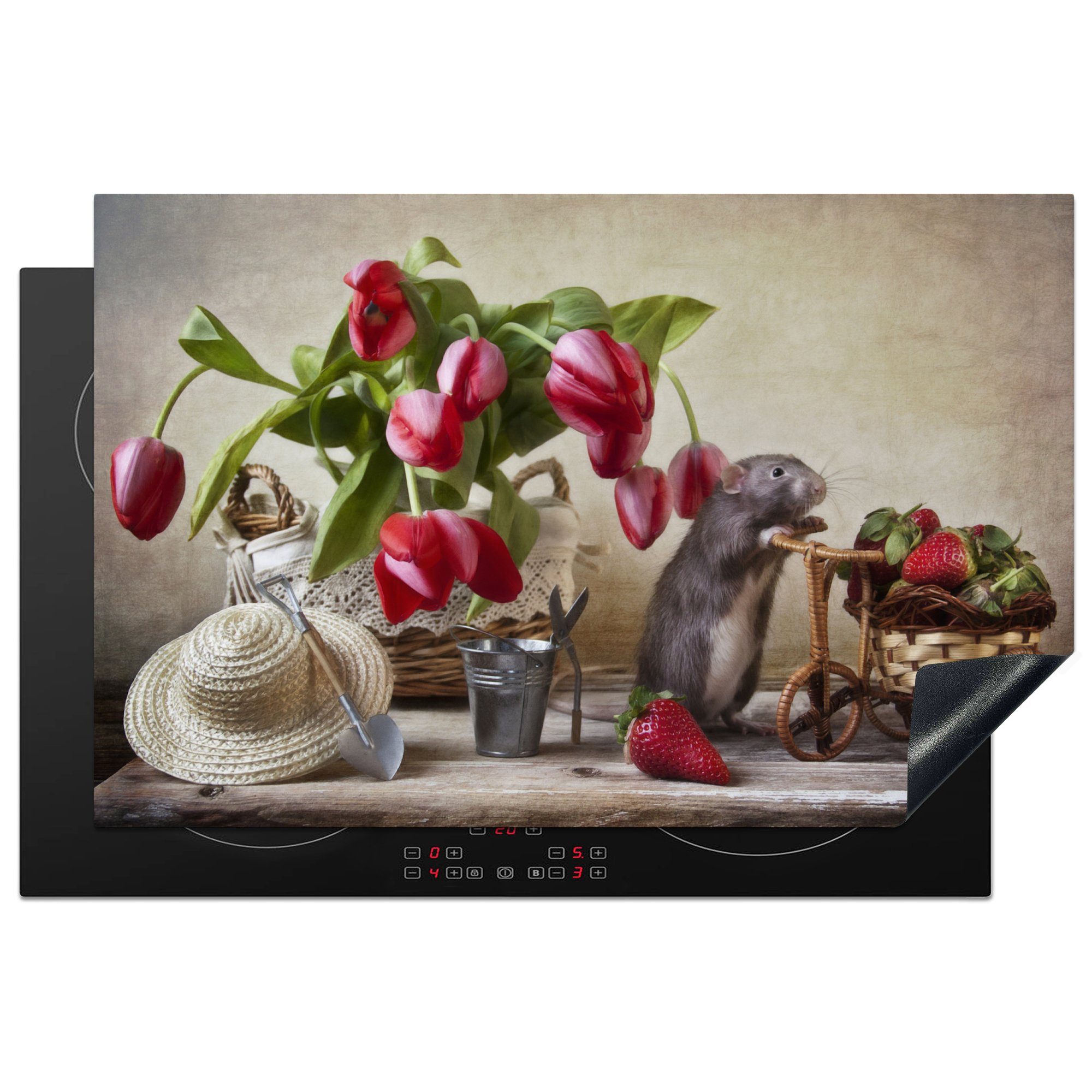 MuchoWow Herdblende-/Abdeckplatte Stillleben einer Maus zwischen Tulpen, Vinyl, (1 tlg), 81x52 cm, Induktionskochfeld Schutz für die küche, Ceranfeldabdeckung