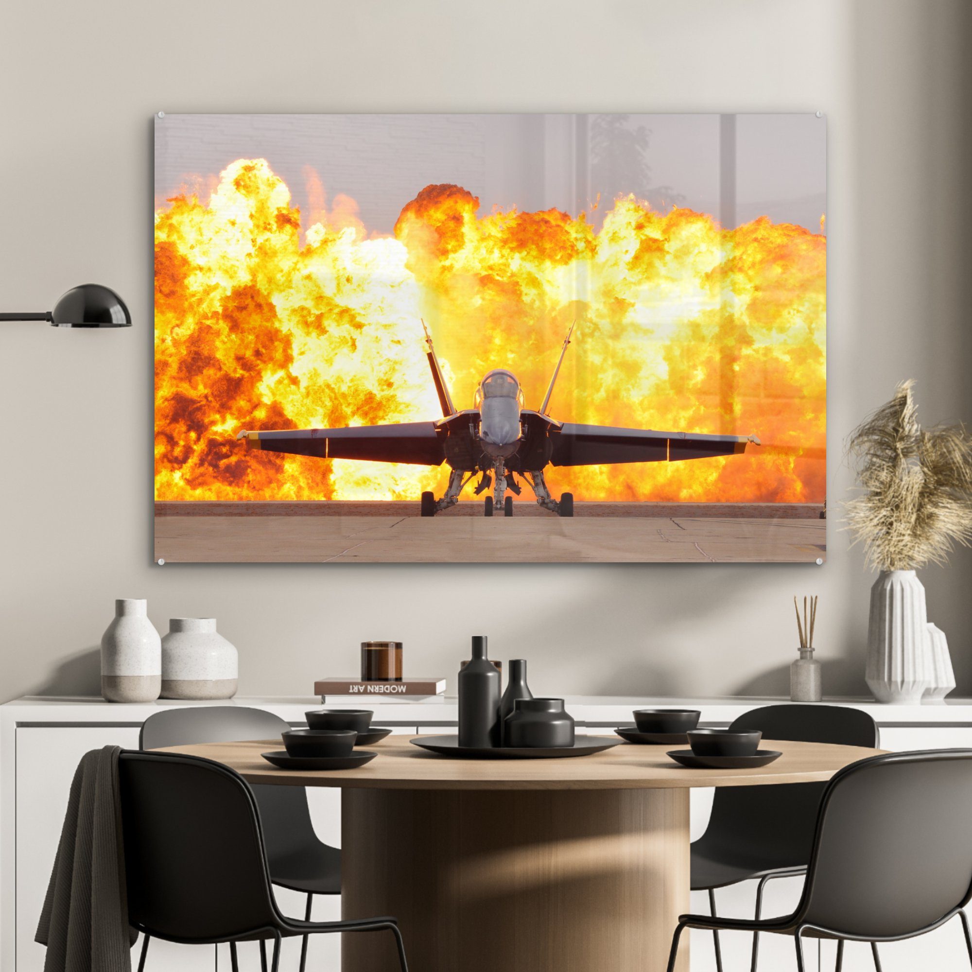 MuchoWow Acrylglasbild & Acrylglasbilder Düsenjäger - Wohnzimmer Rauch Schlafzimmer - - (1 Flugzeuge Feuer, St)