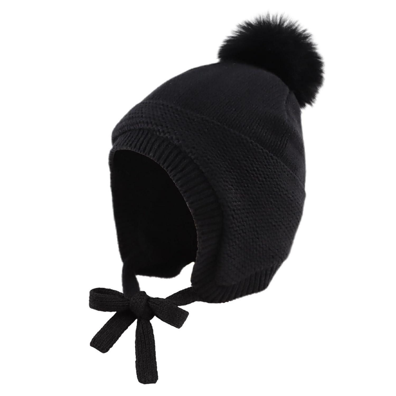 LuxusKollektion Ohrenmütze Baby Wintermütze mit Ohren Bommel Schwarz (1-St)