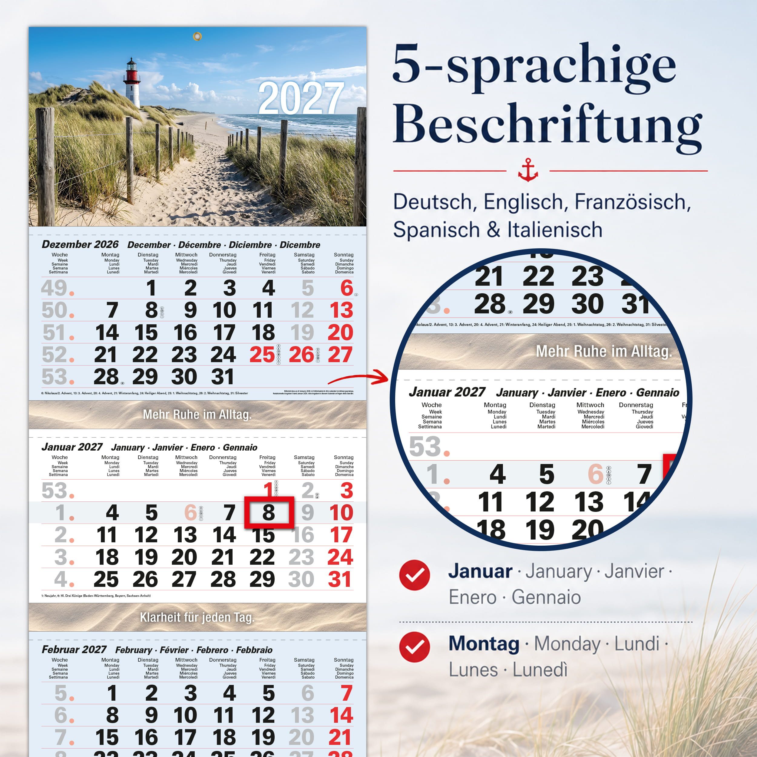 TOBJA Wandkalender 4 Monatskalender 2027 Nordsee Leuchtturm Strand 32x95,5 maritim FSC, Leuchtturm-Motiv, maritim, 32x95,5 cm, Datumsschieber, Metallöse – Bild 5 von 5