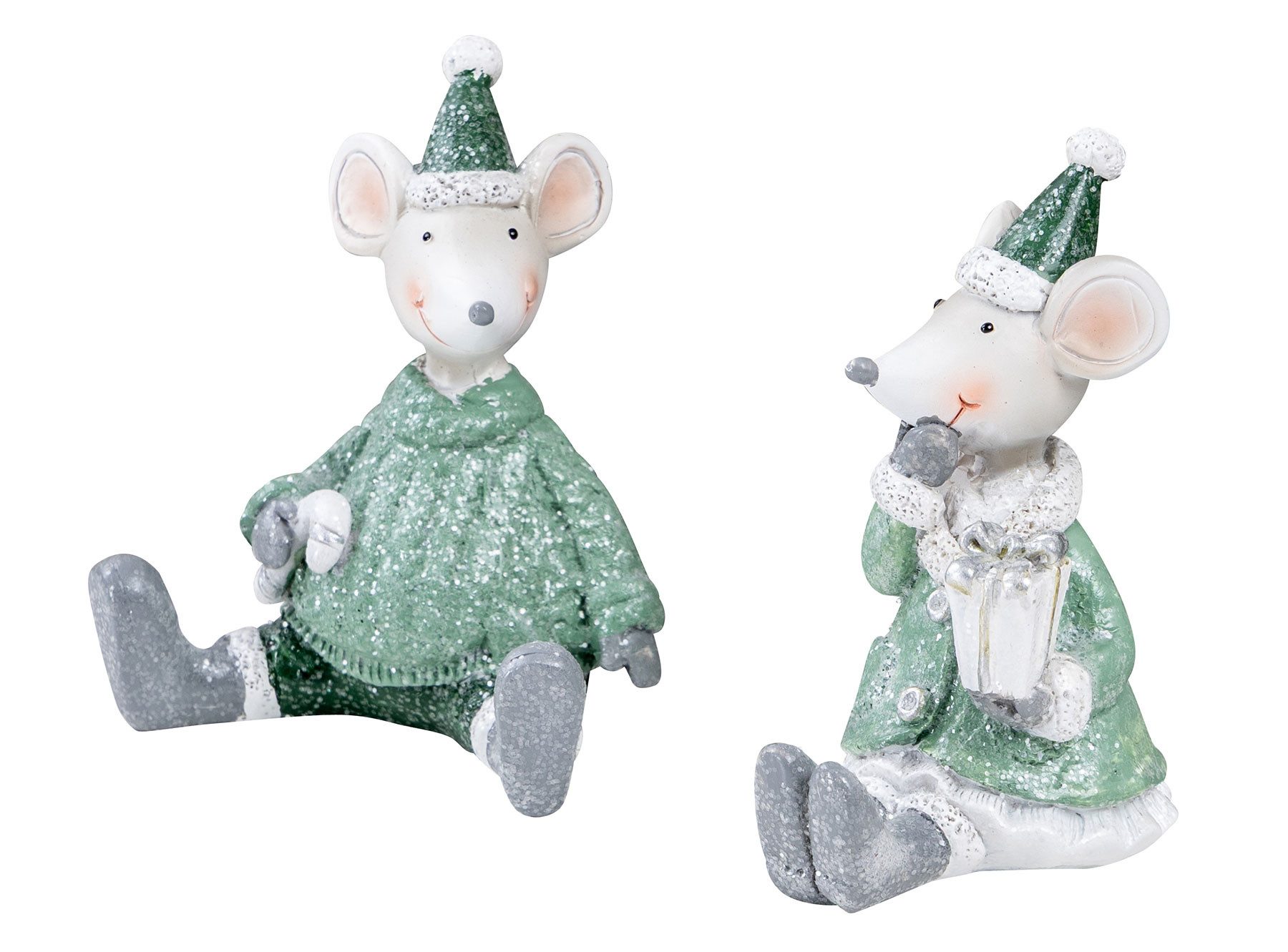 Levandeo® Weihnachtsfigur, 2er Set Mäuse Weihnachten Deko Kunstharz Grün Weiß Weihnachtsdeko